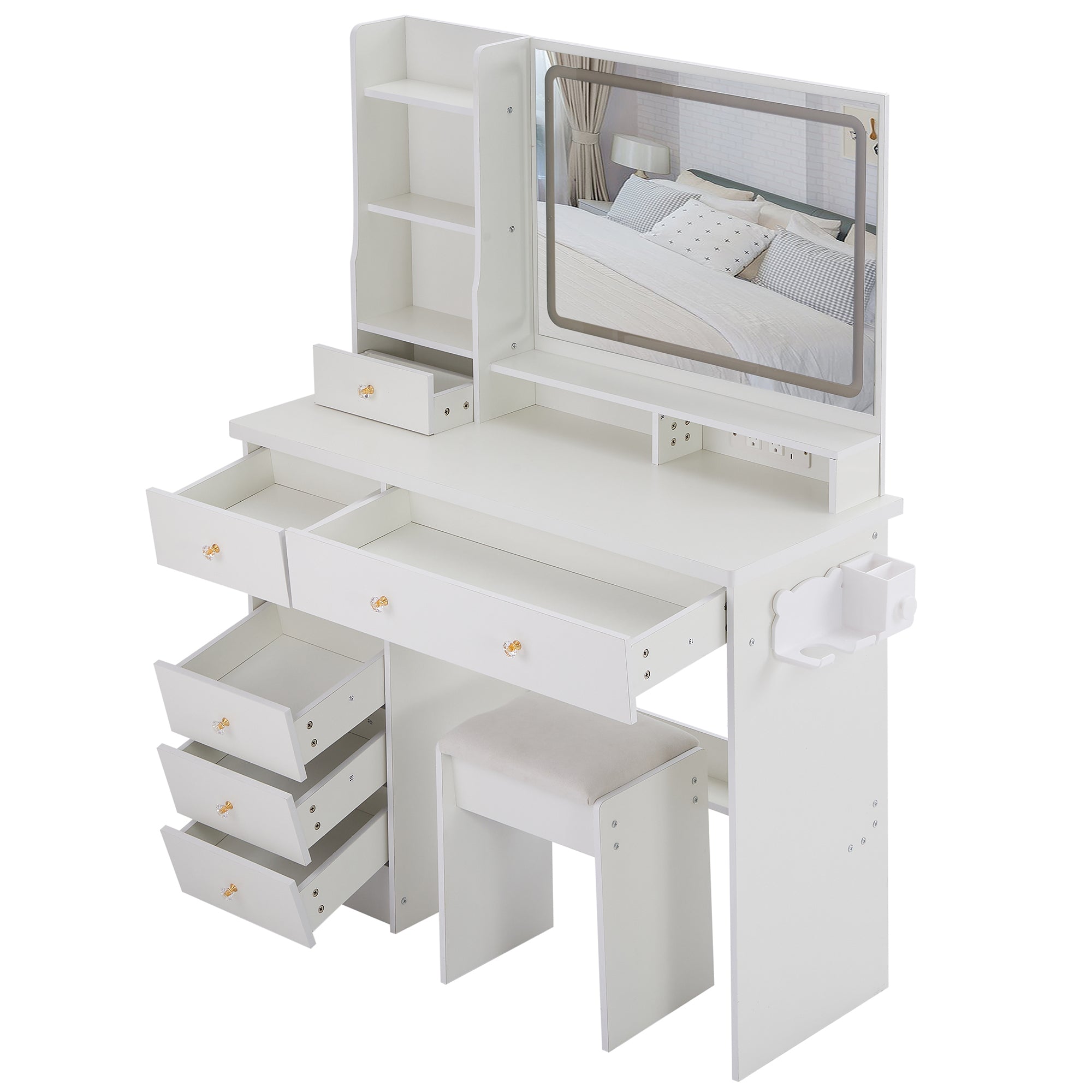 HAOYYE Large Vanity Table Set with LED Mirror, Cushioned Stool, Left Drawer Desktop, Built-in Power Station with 2 AC & 2 USB Ports, Hair Dryer Stand, Touch Control Lighting, Certified by EPA, GCC, and UL