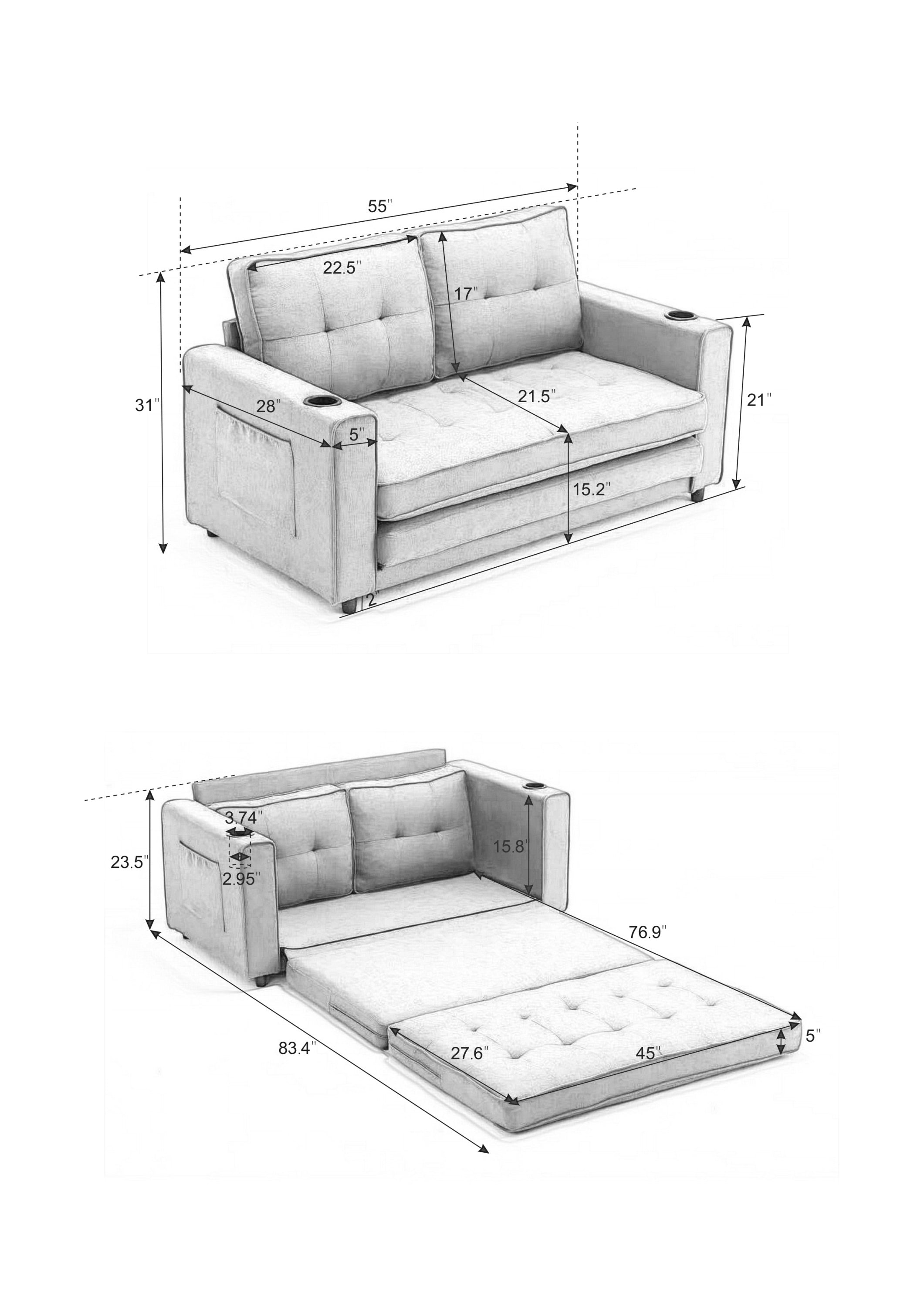 HAOYYE 3-in-1 Upholstered Convertible Futon Sofa Bed, Foldable Tufted Loveseat with Pull-Out Sleeper, Daybed with Side Pockets and Cup Holder, Dark Gray Sturdy Space-Saving Modern Design Easy Assembly