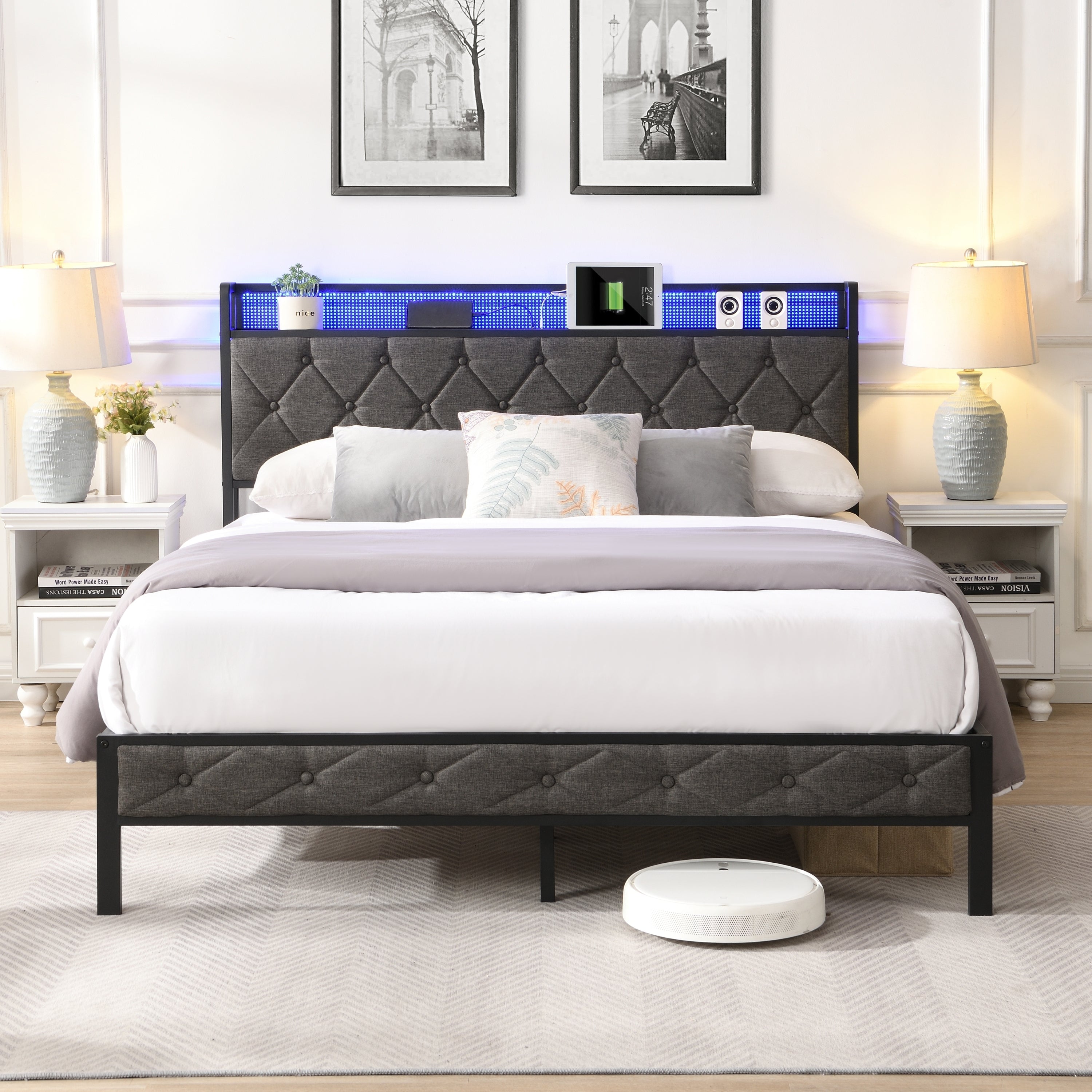 HAOYYE Full Bed Frame with Storage Headboard, Charging Station and LED Lights, Upholstered Platform Bed with Heavy Metal Slats, No Box Spring Needed, Noise Free, Easy Assembly, Dark Gray Sturdy Space-Saving