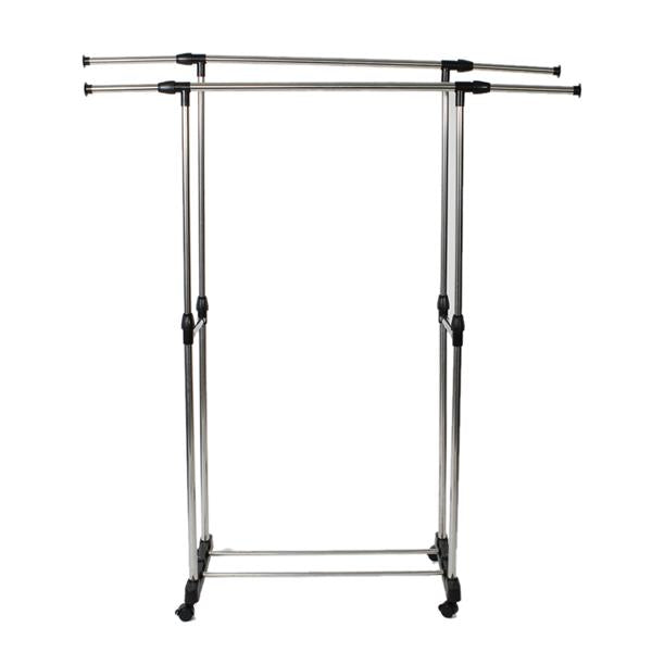 HAOYYE Dual-Bar Clothes Rack with Shoe Shelf, Adjustable Height and Width, Space-Saving Design, Modern Silver Finish, Durable and Versatile Garment Organizer for Bedroom, Entryway, Laundry Room, or Walk-In Closet