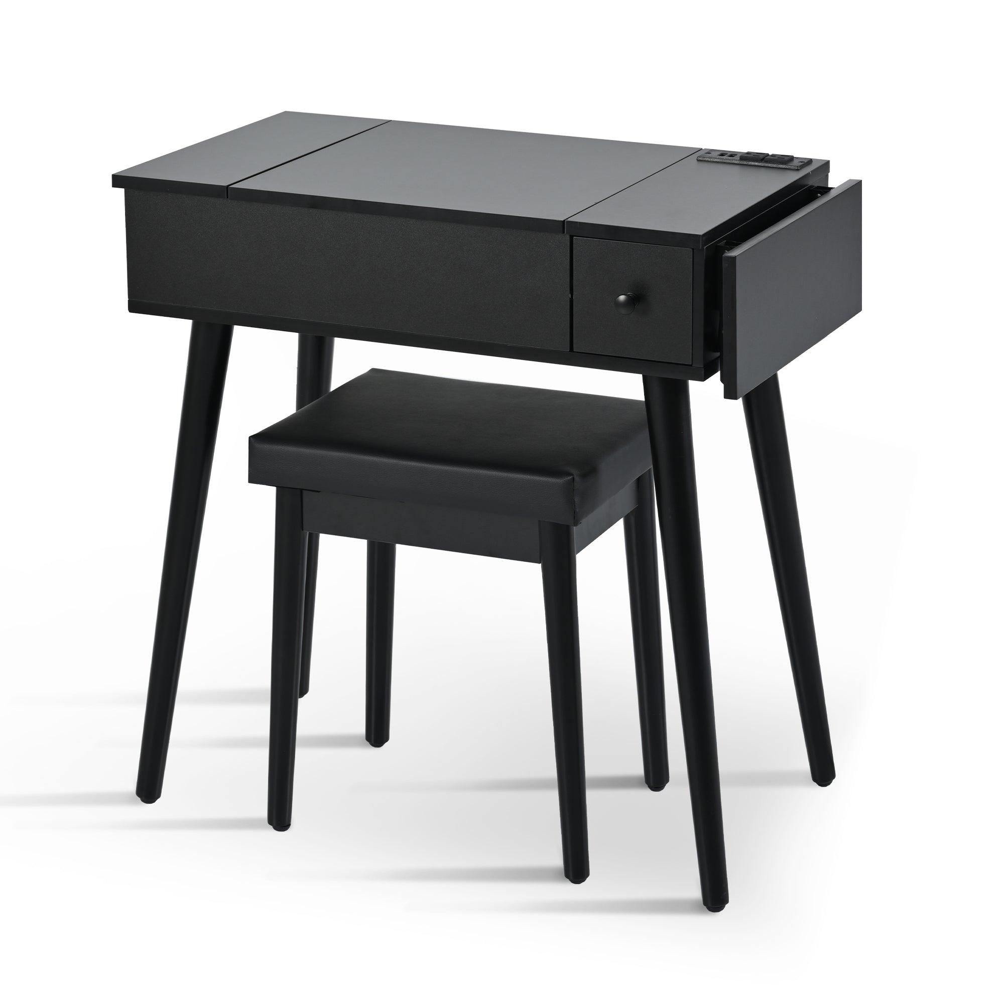 HAOYYE 27.9'' Black Makeup Vanity Desk with Flip Top Mirror and LED Light, Dressing Table with Charging Station, 2 Drawers and Fold-up Panel, Vanity Set with Cushioned Stool for Bedroom