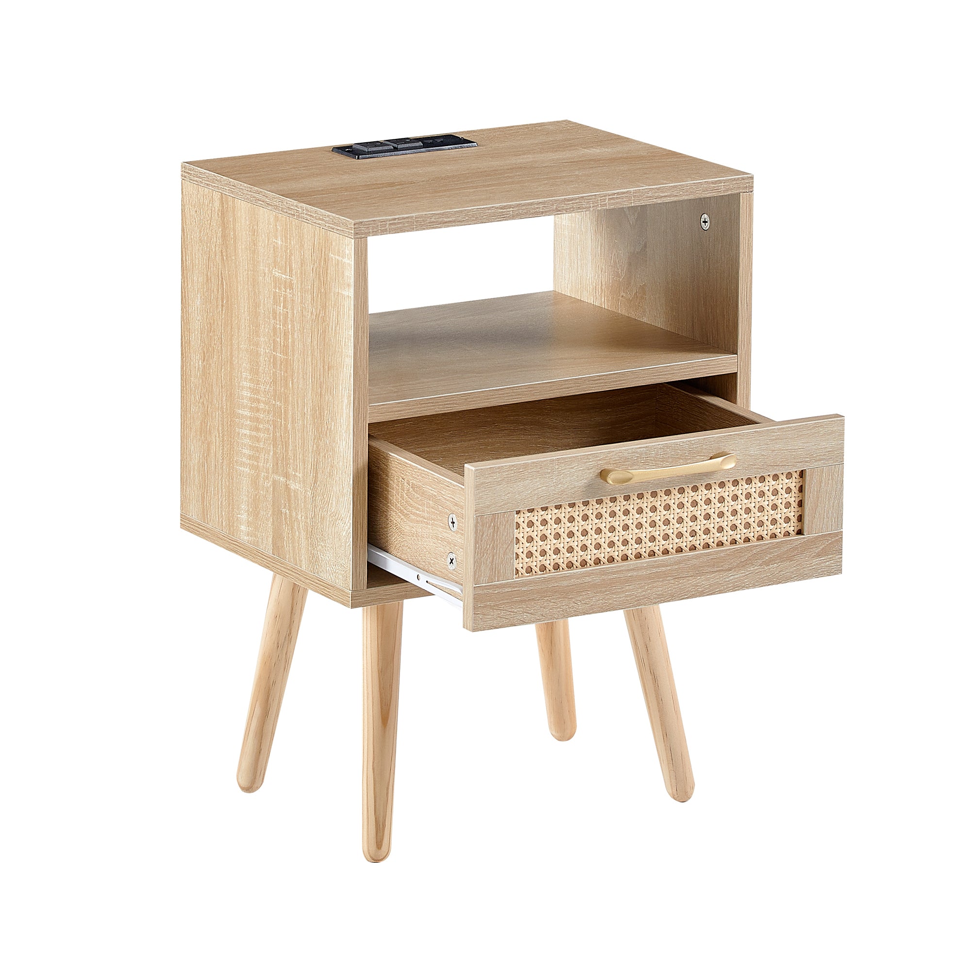 HAOYYE Rattan End Table with Power Outlet & USB Ports, Modern Nightstand with Drawer and Solid Wood Legs, Natural, Sturdy Space-Saving Design, Heavy Duty Construction, Stylish and Durable Home Furniture for Living Room or Bedroom