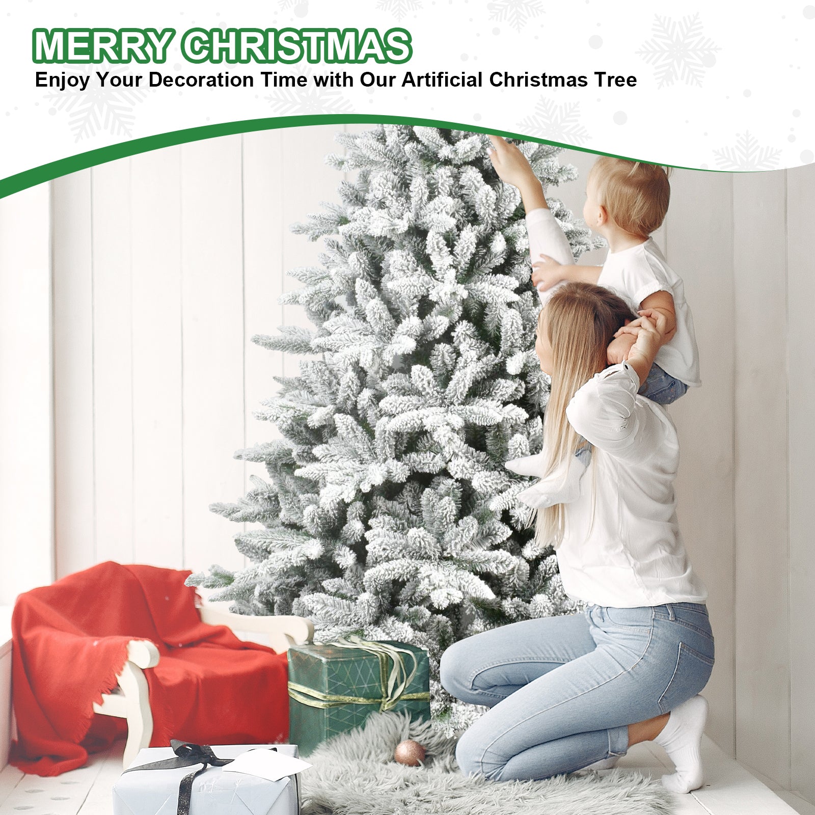 HAOYYE 7FT PE & PVC Flocked Artificial Christmas Tree ,With 1514 branch tips and metal stand,Foldable Fake Tree with Realistic Snowy Foliage for Home Decoration Sturdy Space-Saving Heavy Duty Modern Design