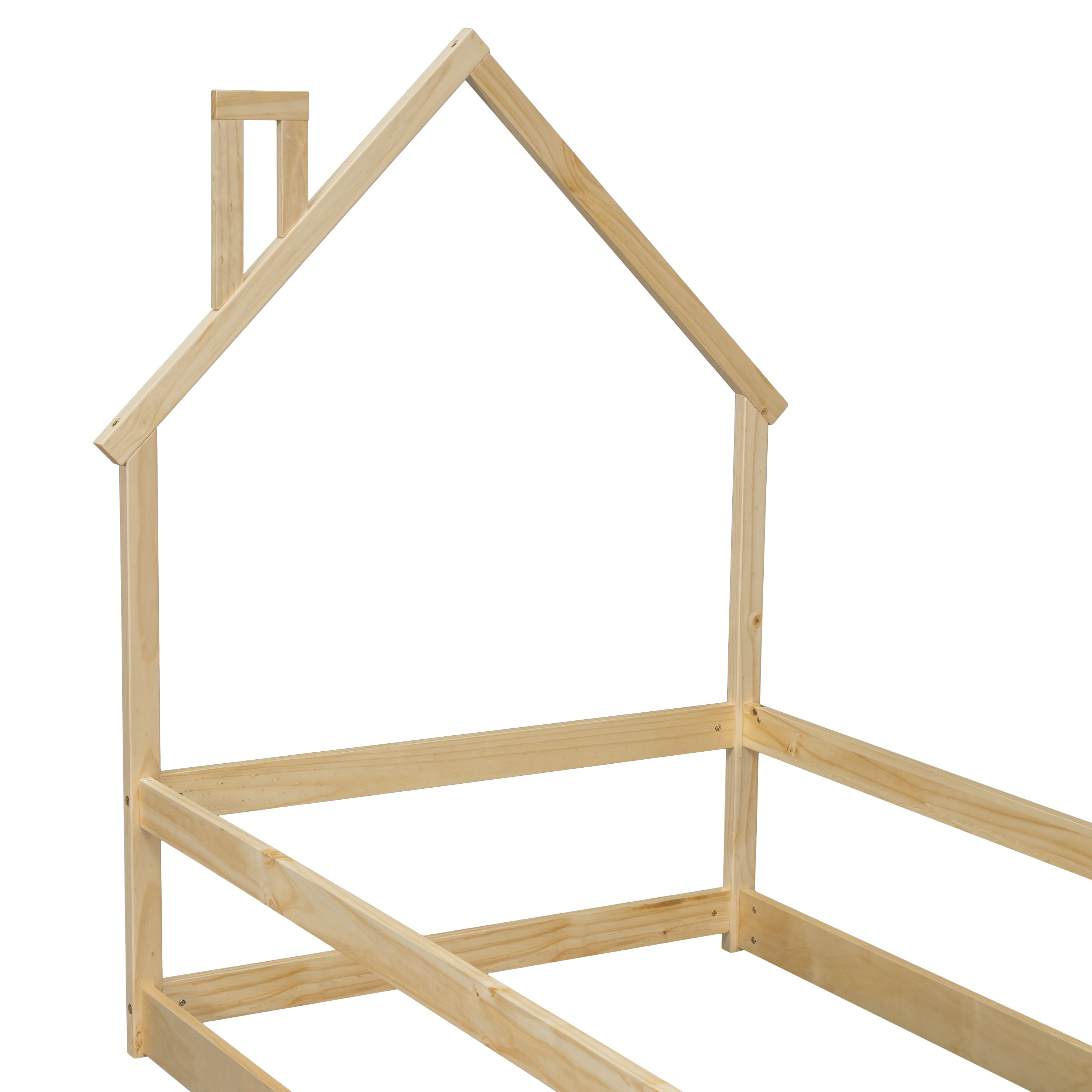Haoyye Twin Size Wood Bed with House-Shaped Headboard, Floor Bed Frame with Fences and Guardrails, Low Platform Design for Bedroom or Dorm, Sturdy Pine Construction, Space-Saving and Heavy Duty, Easy Assembly, Ideal for Cozy Sleeping Spaces