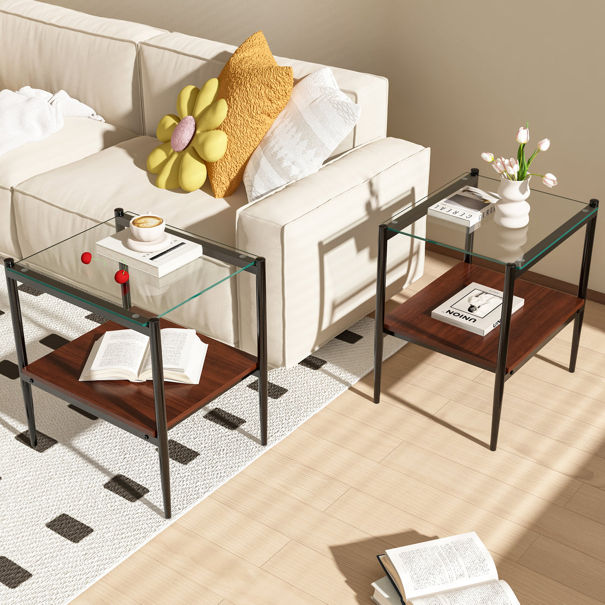 HAOYYE Set of 2 Rectangle End Table, Tempered Glass Tabletop with MDF layer, Modern Table for Living Room , Transparent Glass Sturdy Space-Saving Heavy Duty Modern Design Adults Dorm Room Easy Assembly