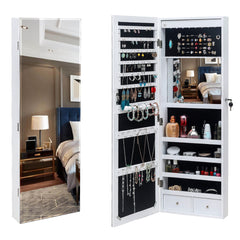 HAOYYE White Wooden Wall Mounted Jewelry Cabinet with Full-Length Mirror, 4-Layer Shelves, 2 Drawers, Inner Mirror and 8 Blue LED Lights, Lockable Design for Organized Storage and Easy Access to Necklaces, Earrings, Bracelets, and Rings