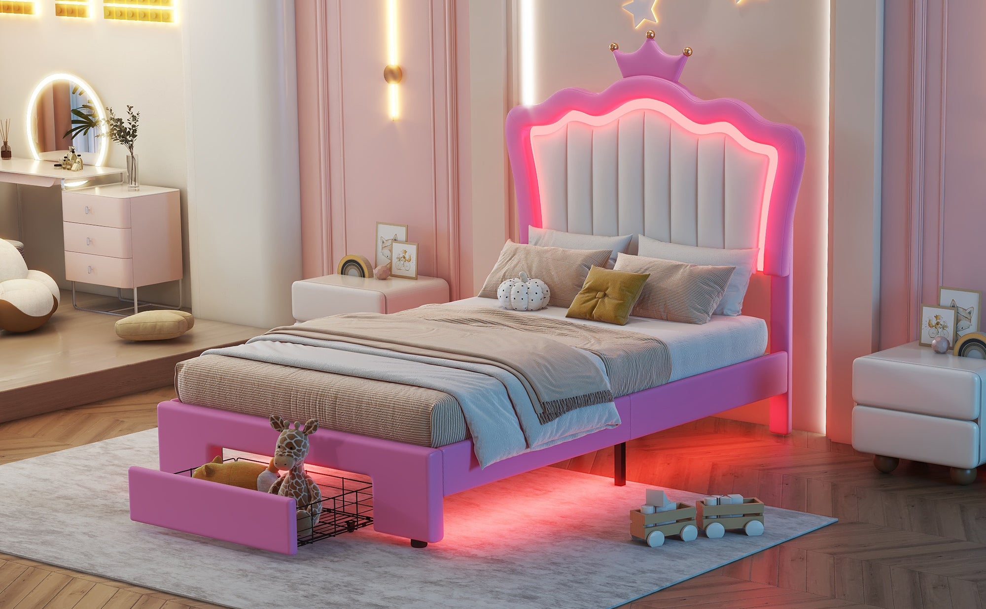 HAOYYE Twin Size Upholstered Bed Frame With LED Lighting, Modern Princess Bed With Crown Headboard And Storage Drawer, Pink And White, Sturdy Space-Saving Heavy Duty Design For Adults And Dorm Rooms