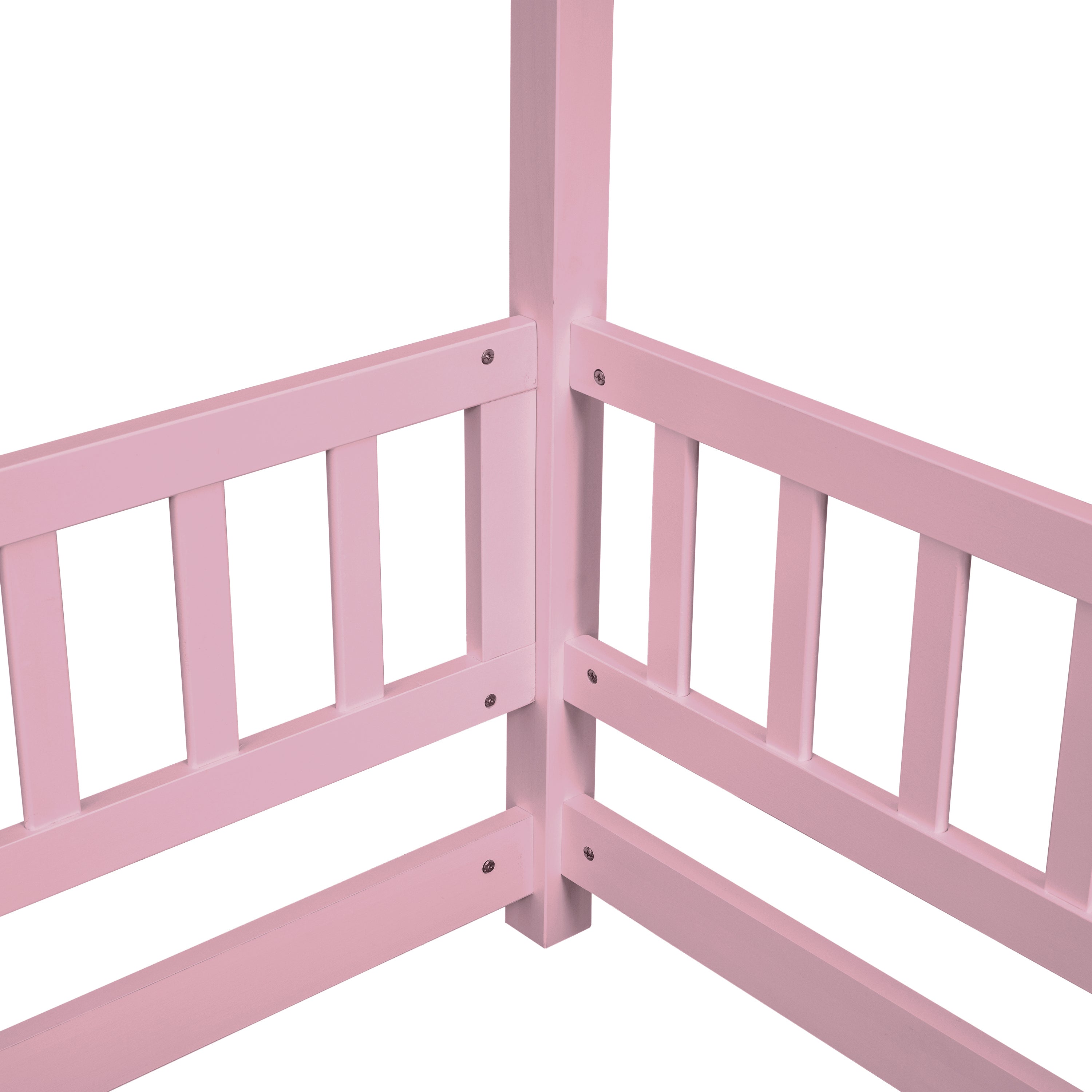 HAOYYE Full Size Floor Wooden Bed with House Roof Frame, Fence Guardrails ,Pink Sturdy Space-Saving Heavy Duty Modern Design Easy Assembly Durable Stylish Home Furniture Versatile
