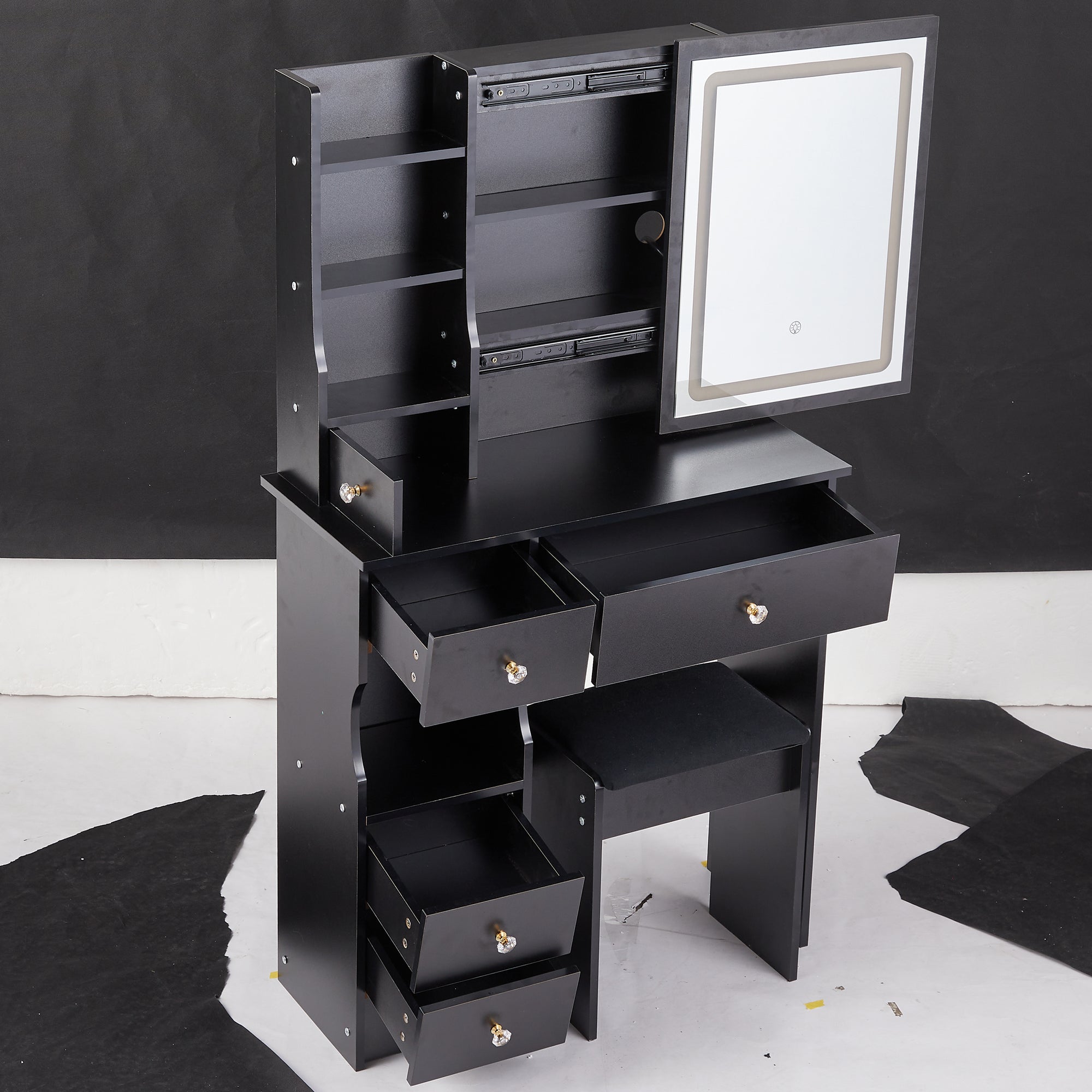 HAOYYE Compact Vanity Desk with Left Drawer, Cushioned Stool, Sliding Touch LED Mirror, Tri-Color Lighting, Adjustable Brightness, Multi-Layer Storage, EPA GCC UL Certified for Small Spaces