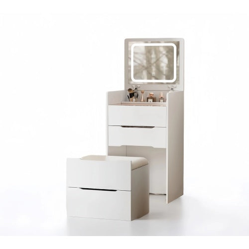 HAOYYE 3-in-1 Vanity Desk with Flip-Top Mirror, Small Makeup Vanity Set with Glass Desktop, Compact Dressing Table with 3 Drawers and Cushioned Stool, Christmas Gift, Sturdy and Stylish Home Furniture