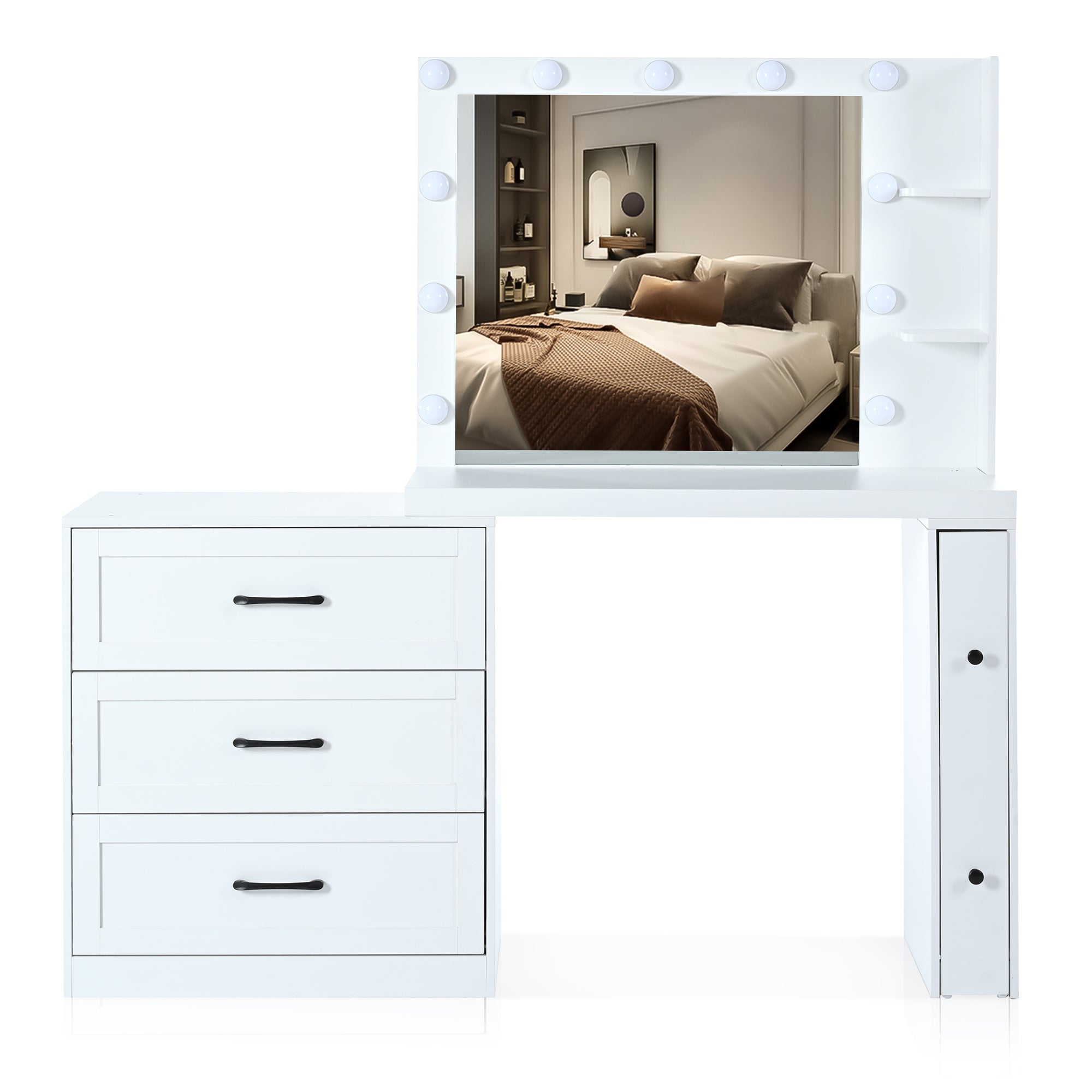 HAOYYE 55.2" Vanity Desk with Freely Adjustable Side Cabinet, Makeup Vanity with Hollywood Lights, 5 Storage Drawers & 2-shelves, Modern Dressing Table, White