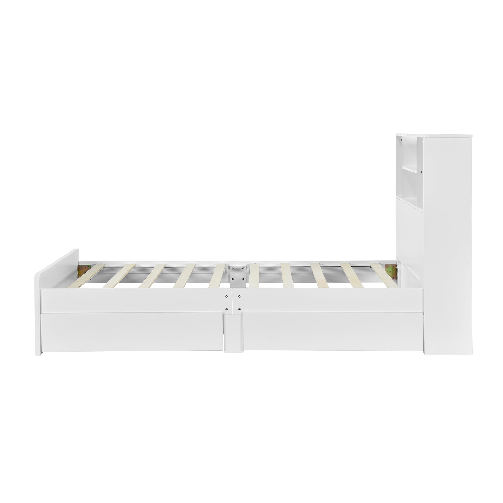 HAOYYE Twin Size Storage Platform Bed Frame with 4 Open Storage Shelves and 2 Drawers, LED Lights, White, Sturdy Space-Saving Heavy Duty Design, Easy Assembly, Ideal for Adults and Dorm Rooms
