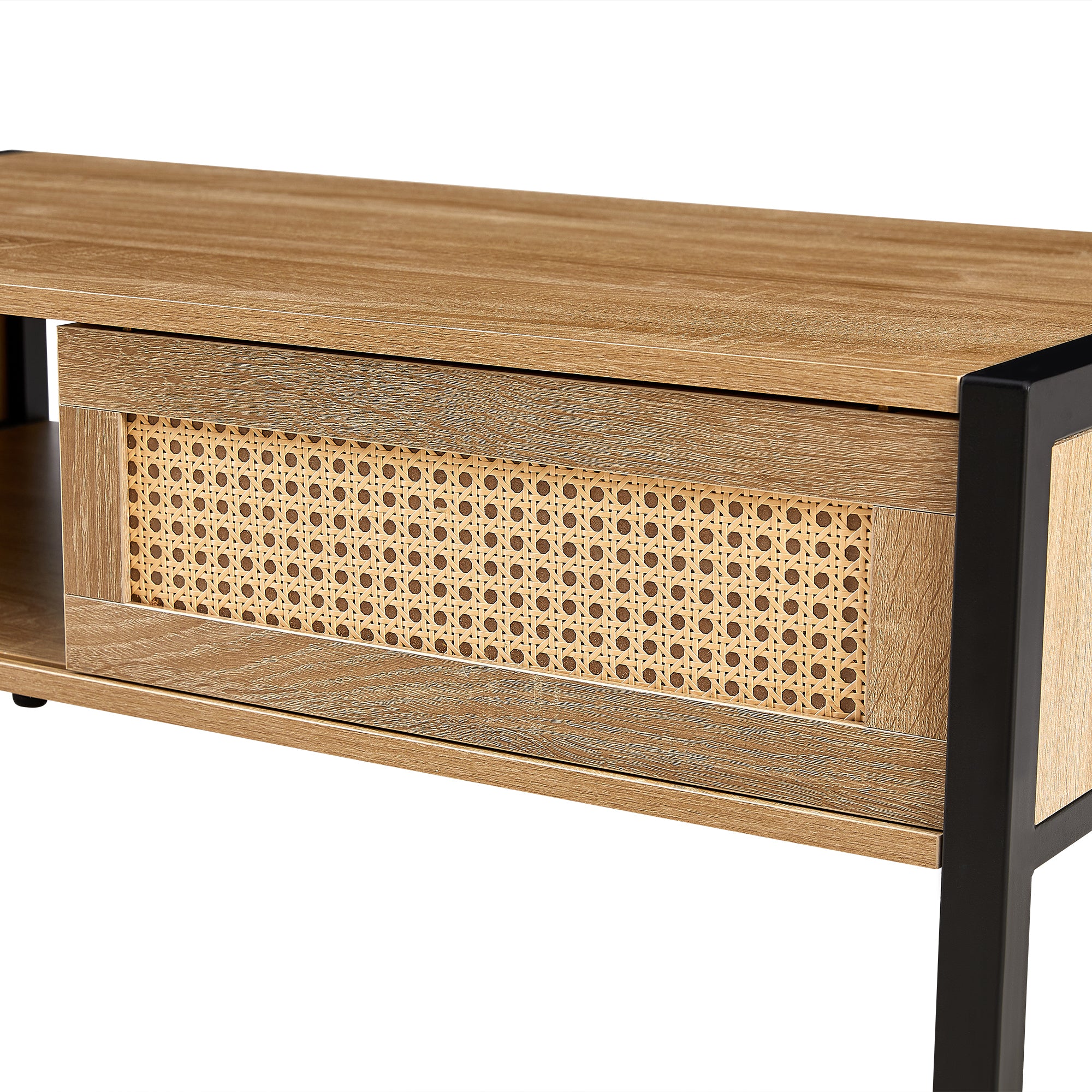 HAOYYE 40.16" Rattan Coffee table, sliding door for storage, metal legs, Modern table for living room , natural Sturdy Space-Saving Heavy Duty Modern Design Adults Dorm Room Easy Assembly