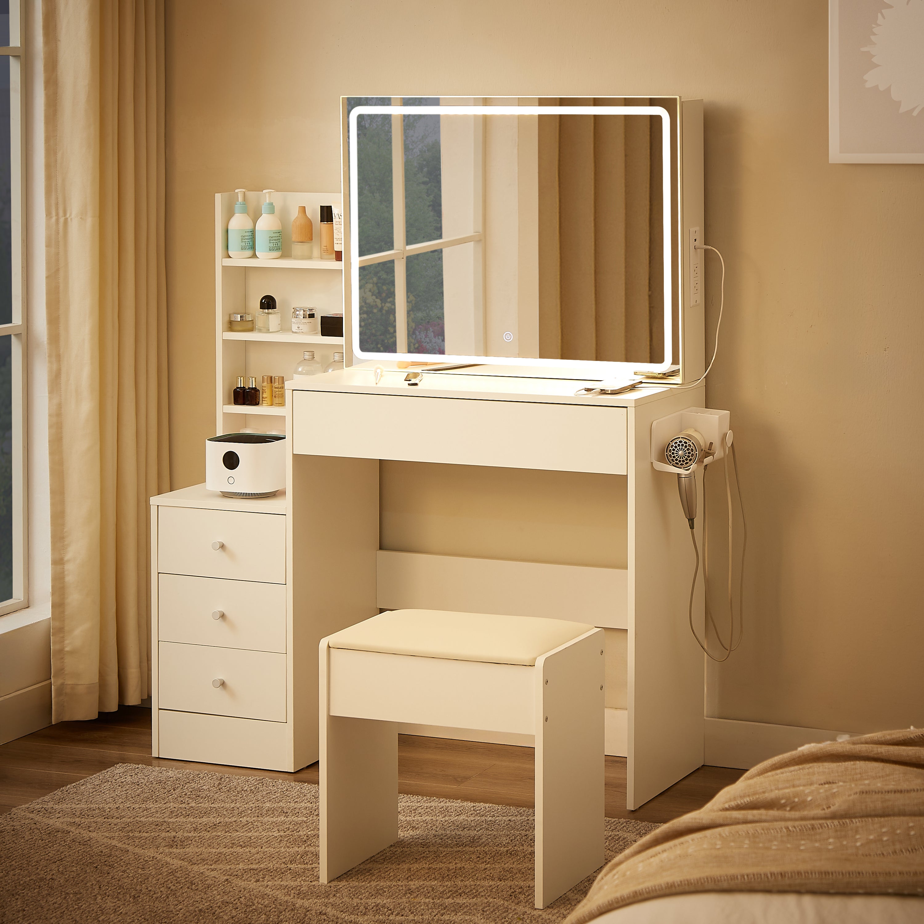 HAOYYE Vanity table with LED-lit mirror with power outlet and hairdryer shelving, with 4 drawers and upholstered stool, brightness adjustable in 3 lighting modes, storage table, White,
