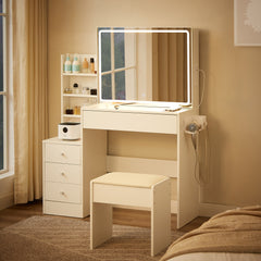 HAOYYE Vanity table with LED-lit mirror with power outlet and hairdryer shelving, with 4 drawers and upholstered stool, brightness adjustable in 3 lighting modes, storage table, White,