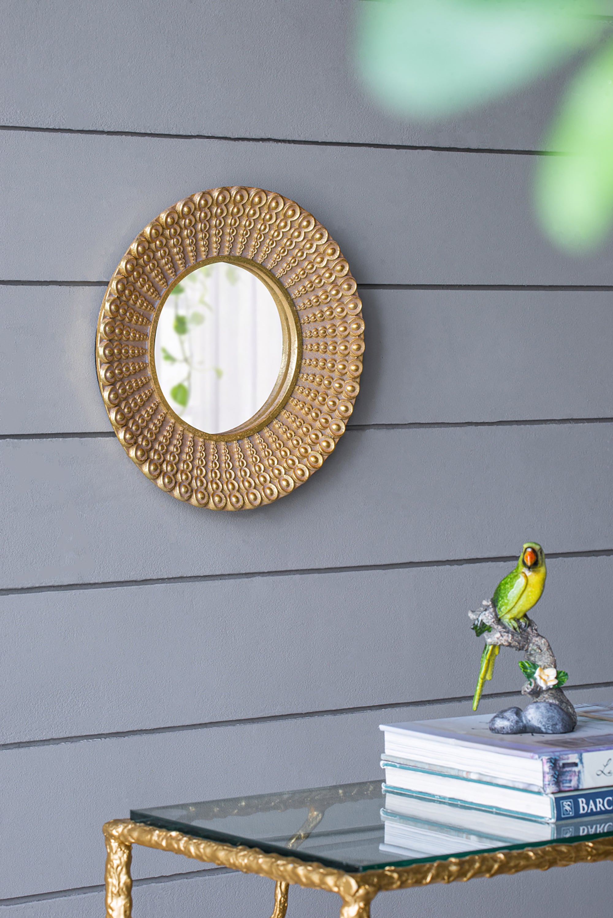 HAOYYE 14" Gold Beaded Sunburst Mirror, Round Accent Wall Mirror for Living Room, Entryway, Bathroom, Office, Foyer Sturdy Space-Saving Heavy Duty Modern Design Adults Dorm Room Easy Assembly