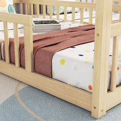 HAOYYE Double Twin House-Style Floor Bed with Fence, Guardrails, without door, Natural Sturdy Space-Saving Heavy Duty Modern Design Adults Dorm Room Easy Assembly Bedroom Furniture