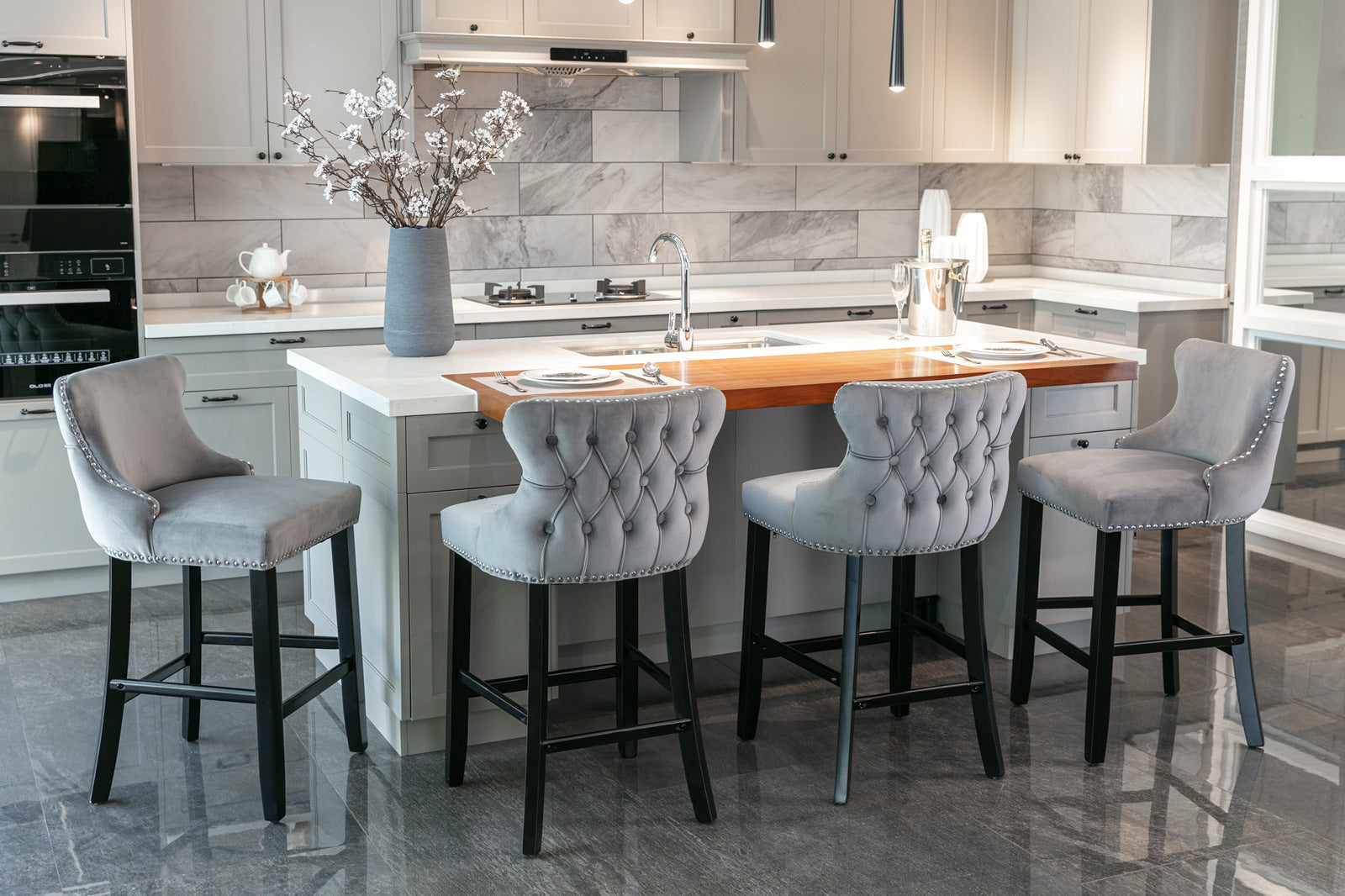 HAOYYE Contemporary Velvet Upholstered Wing-Back Barstools with Button Tufted Decoration and Wooden Legs, and Chrome Nailhead Trim, Leisure Style Bar Chairs,Bar stools, Set of 2 (Gray),SW1824GY