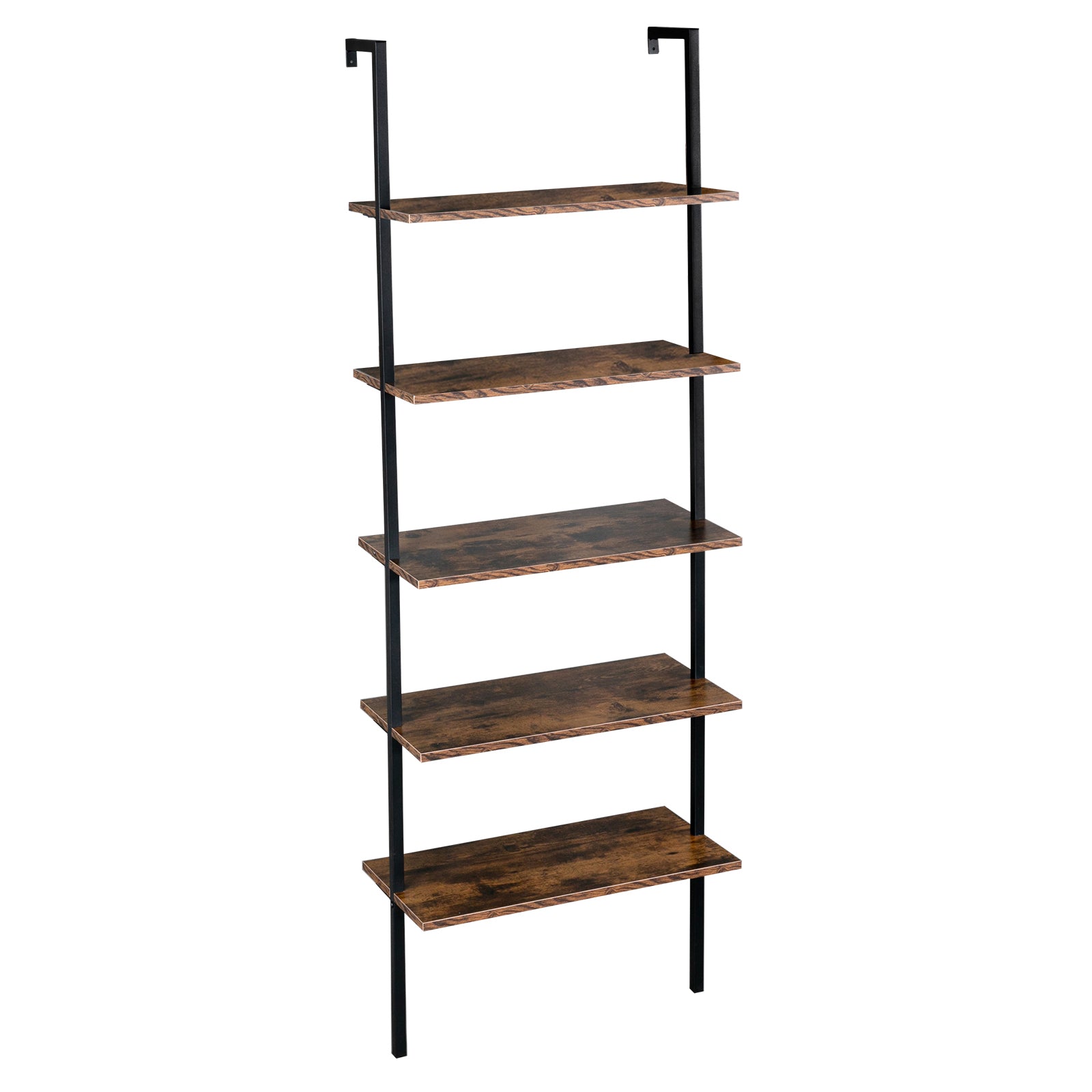 HAOYYE 5-Tier Industrial Wall Mounted Ladder Bookcase – Rustic Brown Wood Finish With Black Metal Frame, Open Display Shelf For Books, Home Décor, Plants, Living Room Storage, Office Display, Durable & Space-Saving Industrial Design