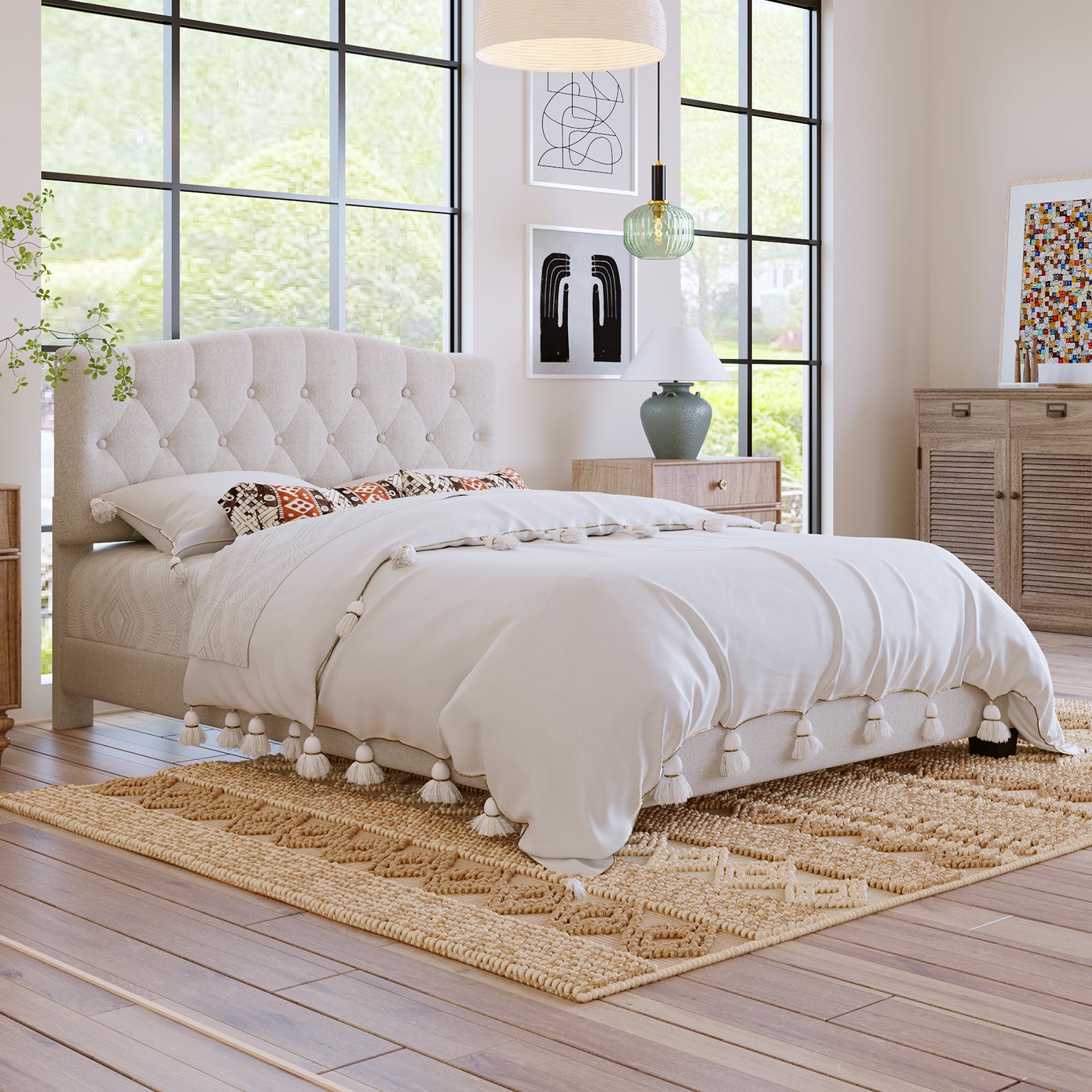 HAOYYE Upholstered Platform Bed with Saddle Curved Headboard and Diamond Tufted Details, Queen, Beige Sturdy Space-Saving Heavy Duty Modern Design Adults Dorm Room Easy Assembly Bedroom Furniture
