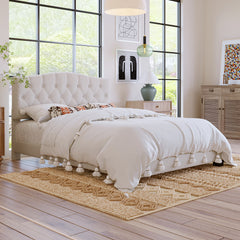 HAOYYE Upholstered Platform Bed with Saddle Curved Headboard and Diamond Tufted Details, Queen, Beige Sturdy Space-Saving Heavy Duty Modern Design Adults Dorm Room Easy Assembly Bedroom Furniture