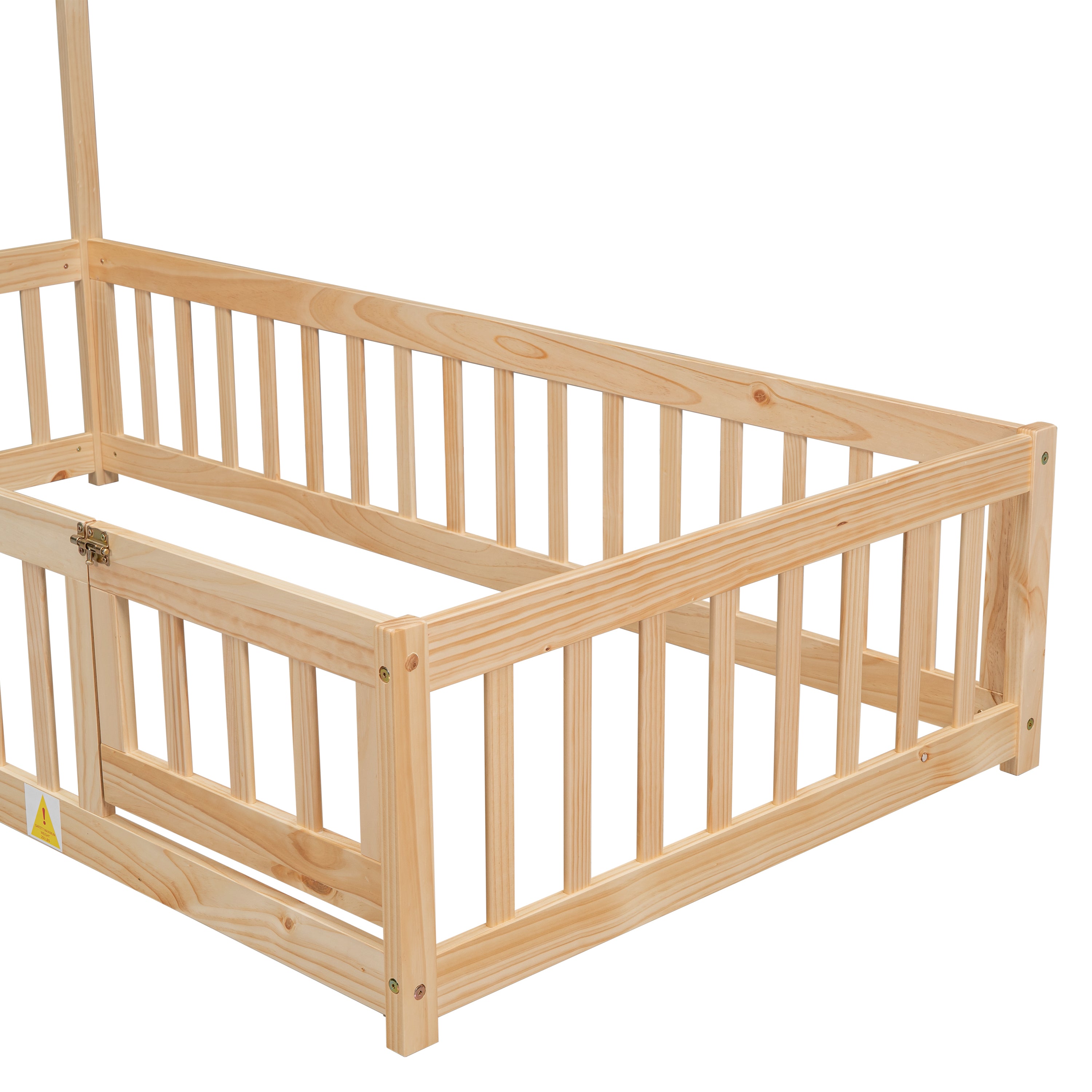 HAOYYE Twin House-Shaped Headboard Floor Bed with Fence ,Natural Sturdy Space-Saving Heavy Duty Modern Design Adults Dorm Room Easy Assembly Bedroom Furniture