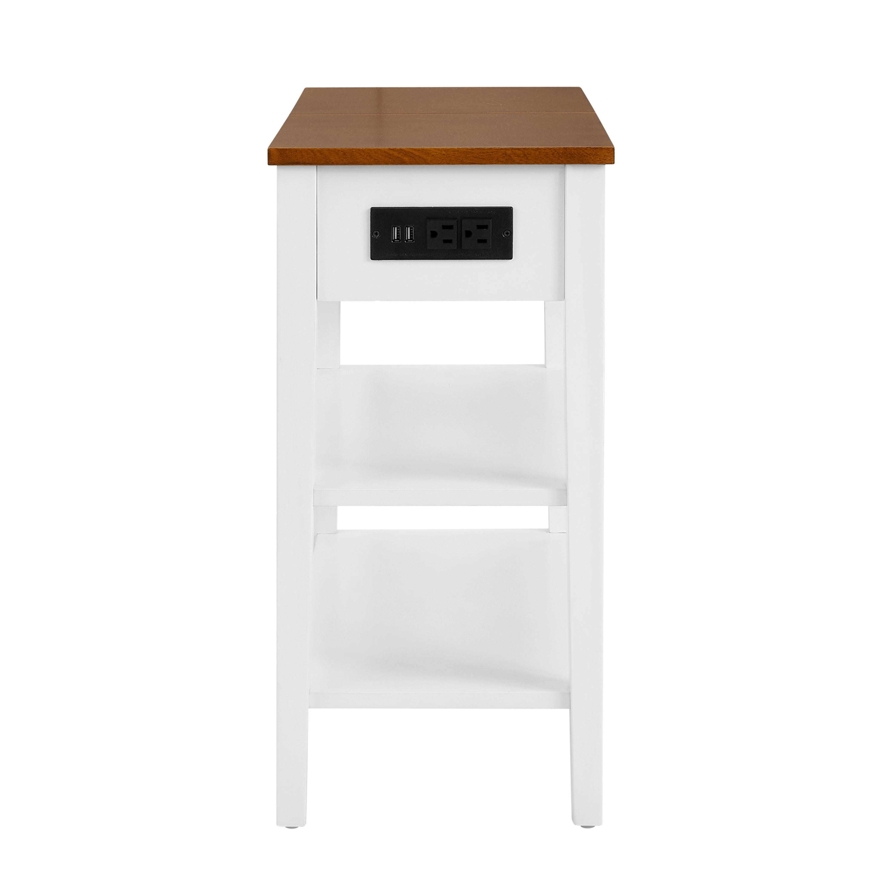 HAOYYE Narrow 2-tone End Table with USB Charging Ports for Small Space, SOLID WOOD Table Legs, White and Walnut, 11.8"W*24"D*24.2"H Sturdy Space-Saving Heavy Duty Modern Design Adults Dorm Room