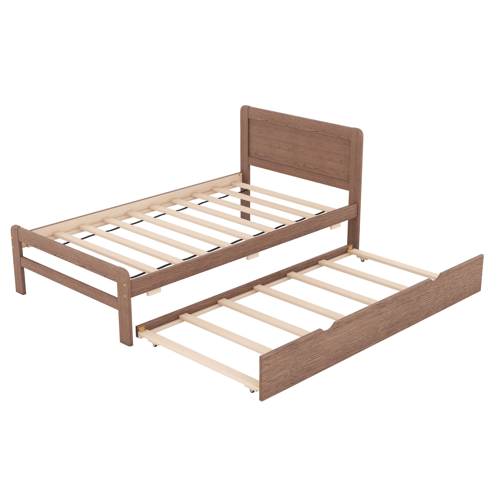 HAOYYE Modern Design Wooden Twin Size Platform Bed Frame with Trundle for Walnut Color Sturdy Space-Saving Heavy Duty Adults Dorm Room Easy Assembly Bedroom Furniture