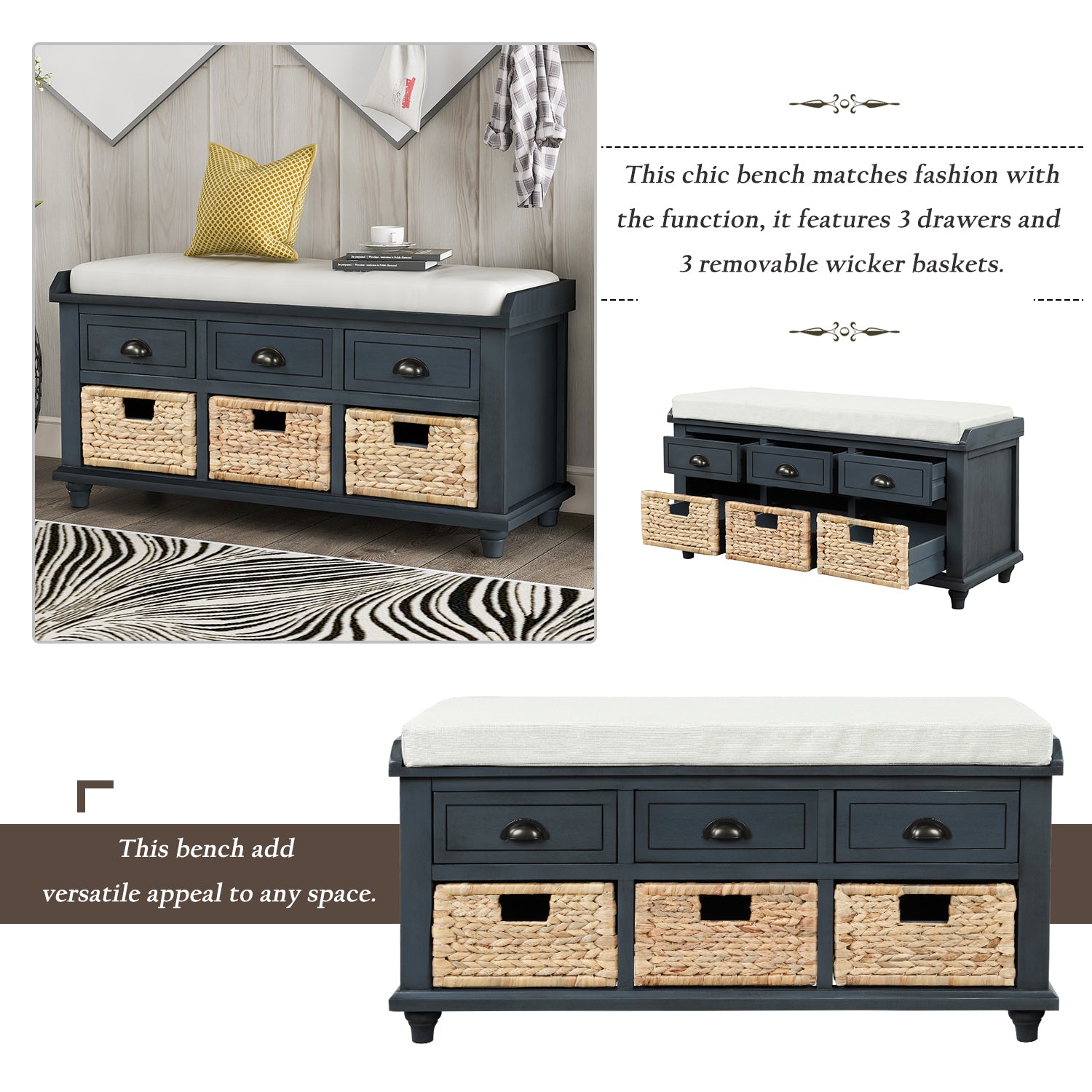 HAOYYE Rustic Storage Bench with Three Drawers and Three Rattan Baskets, Shoe Bench for Living Room or Entryway, Antique Navy, Sturdy Space-Saving Design, Heavy Duty Construction, Easy Assembly, Durable and Stylish Home Furniture