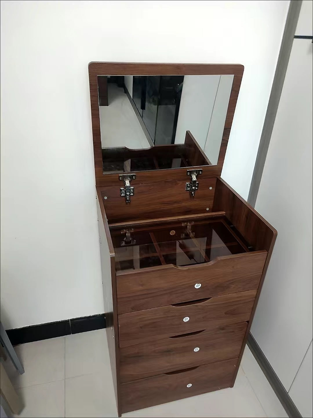 HAOYYE  3 in 1 Vanity Desk with Plip Top Mirror,Small Make Up Vanity Set with Visible Glass Desktop,Compact Makeup Vanity with 3 Drawers,Cushioned Tool,Dressing Table for Bedroom