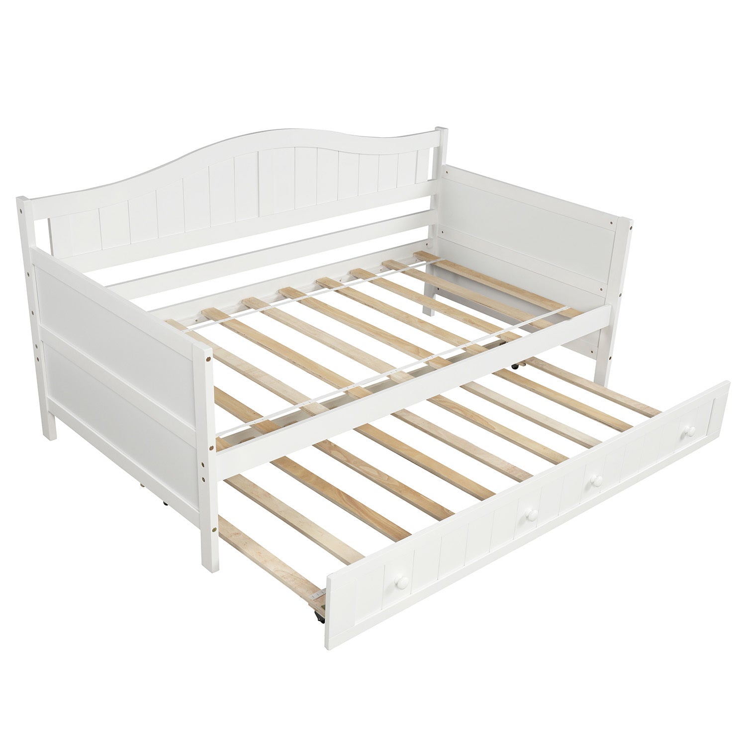HAOYYE Twin Wooden Daybed with Trundle Bed White Durable Sturdy Space-Saving Heavy Duty Modern Design Easy Assembly Stylish Versatile Sofa Bed for Bedroom and Living Room