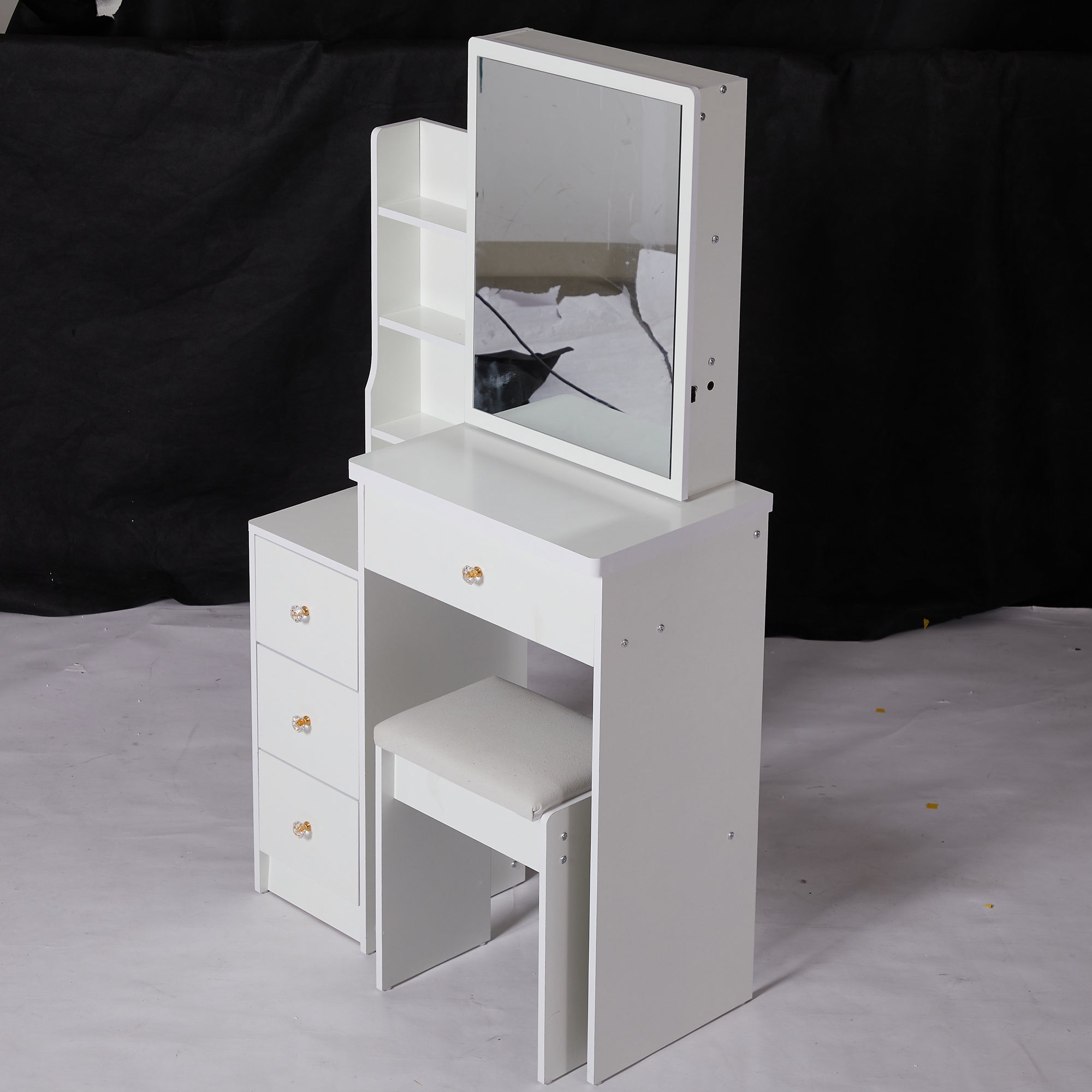 HAOYYE Compact Left-Side Bedside Vanity Table With Sliding Mirror, Cushioned Stool, Multi-Layer High-Capacity Storage, Modern Dresser for Small Spaces, EPA, GCC, UL Certified