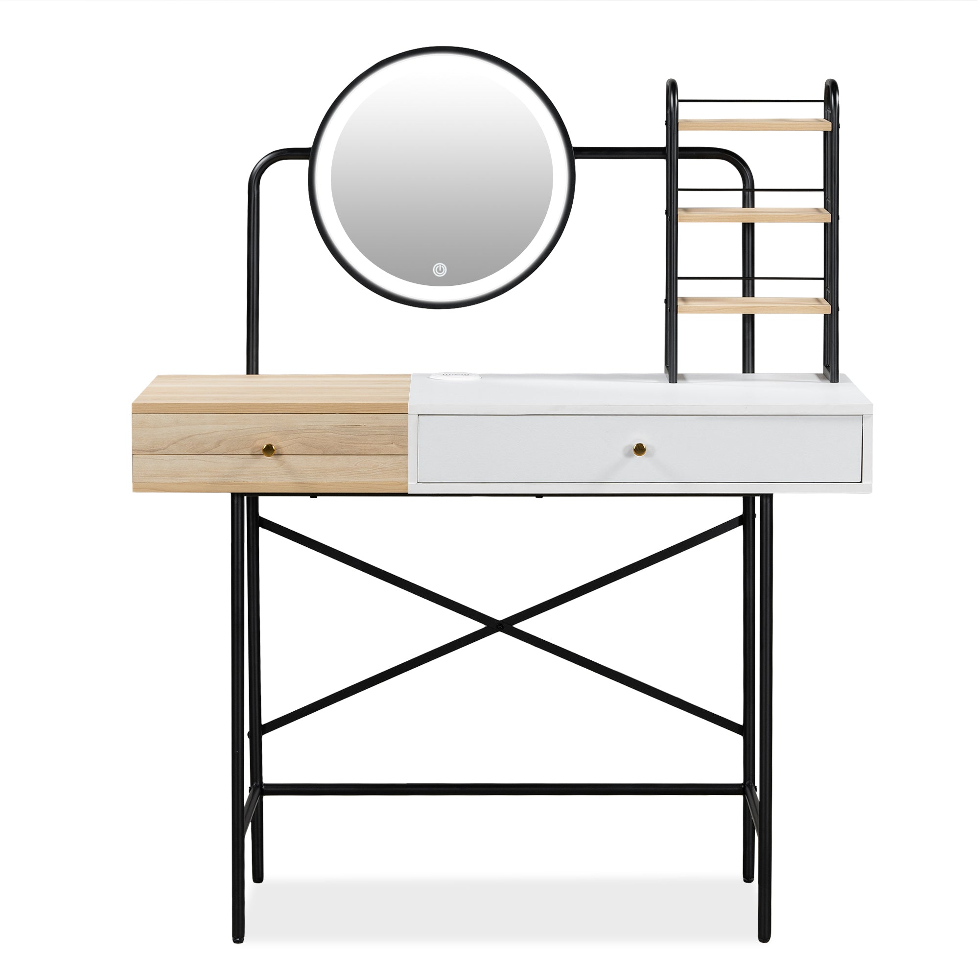 HAOYYE GO 40" Makeup Vanity Desk with 3-Mode Lighted Mirror & Wireless Charging Station , Vanity Table with Drawer & 3 Open Shelves for Ample Storage Space, Dressing Table for Bedroom, White