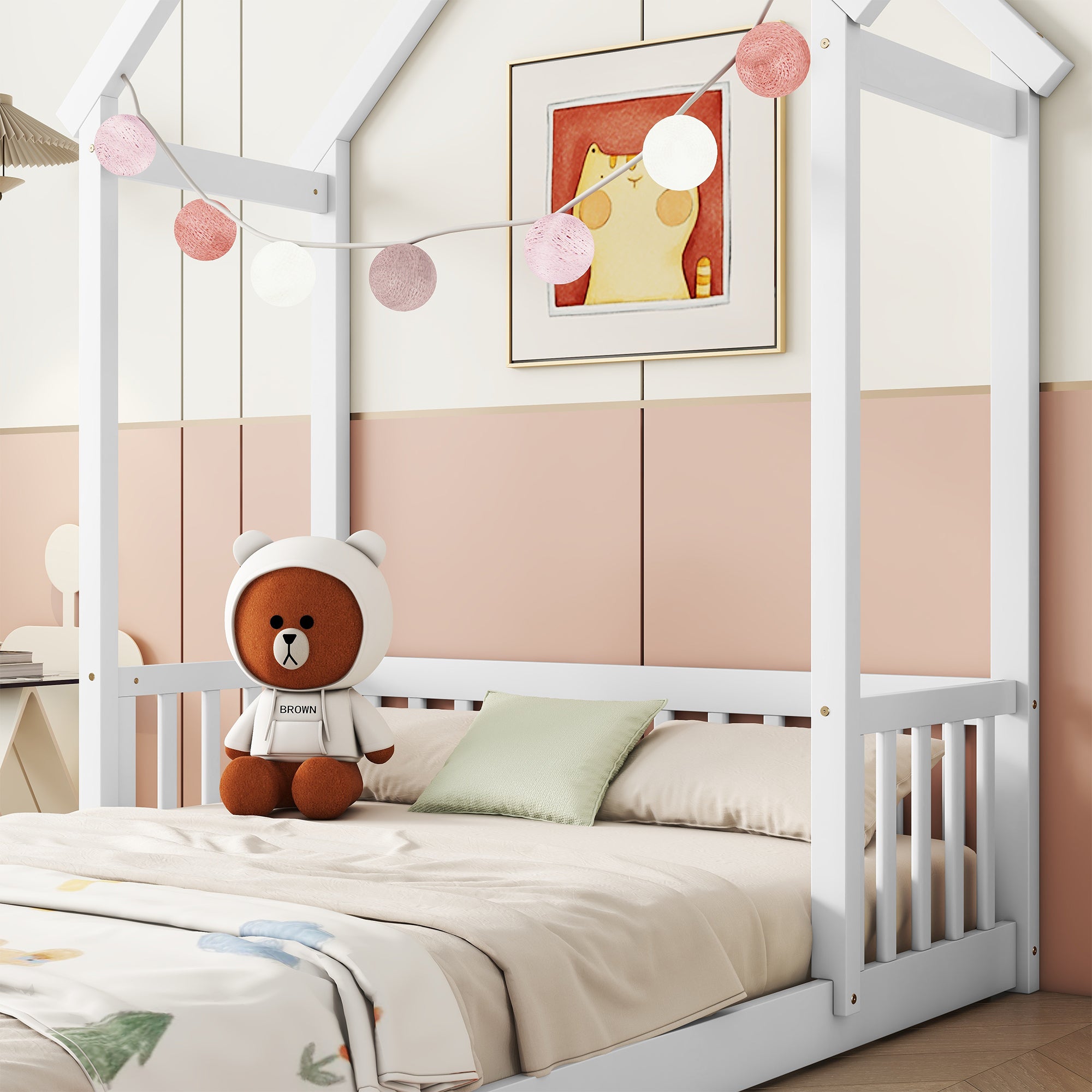 HAOYYE Full Roof-framed Headboard Floor Bed with Headboard Guardrails, without Slats White Sturdy Space-Saving Heavy Duty Modern Design Adults Dorm Room Easy Assembly Bedroom Furniture