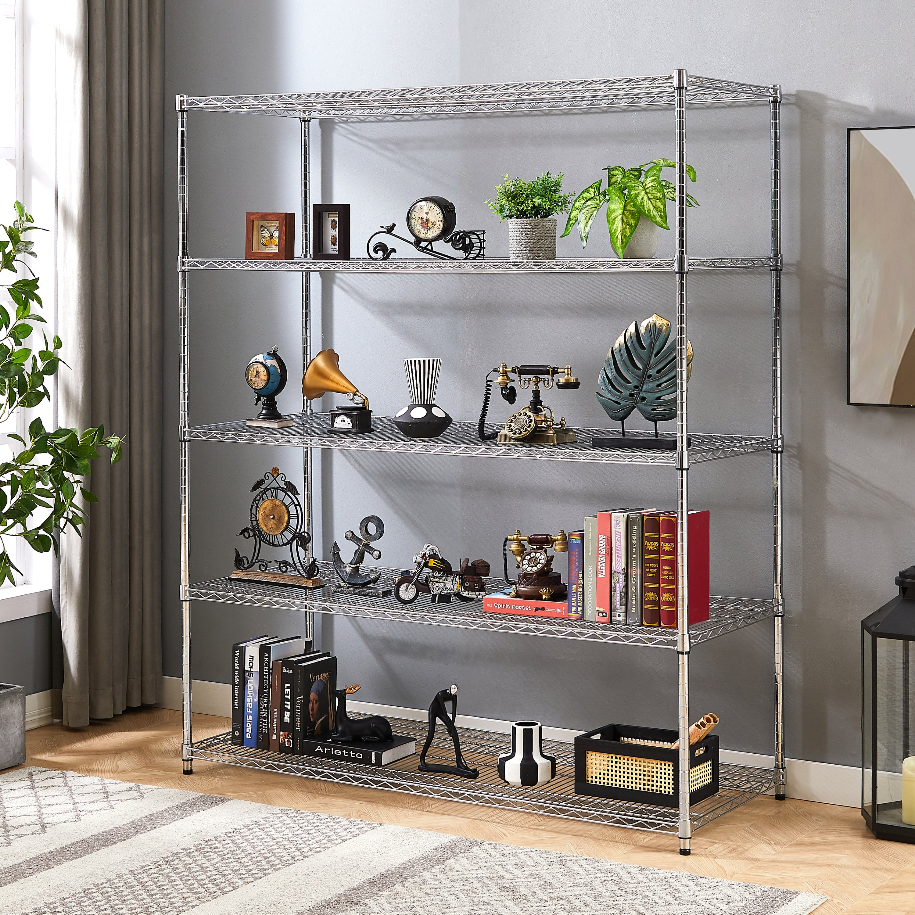 HAOYYE 5-Layer Heavy Duty Adjustable Shelving Unit with Wheels and Adjustable Feet, Sturdy Metal Storage Rack for Warehouse, Supermarket, Kitchen and Commercial Use, Each Shelf Supports 300 Lbs, Space-Saving Industrial Design, Easy Assembly