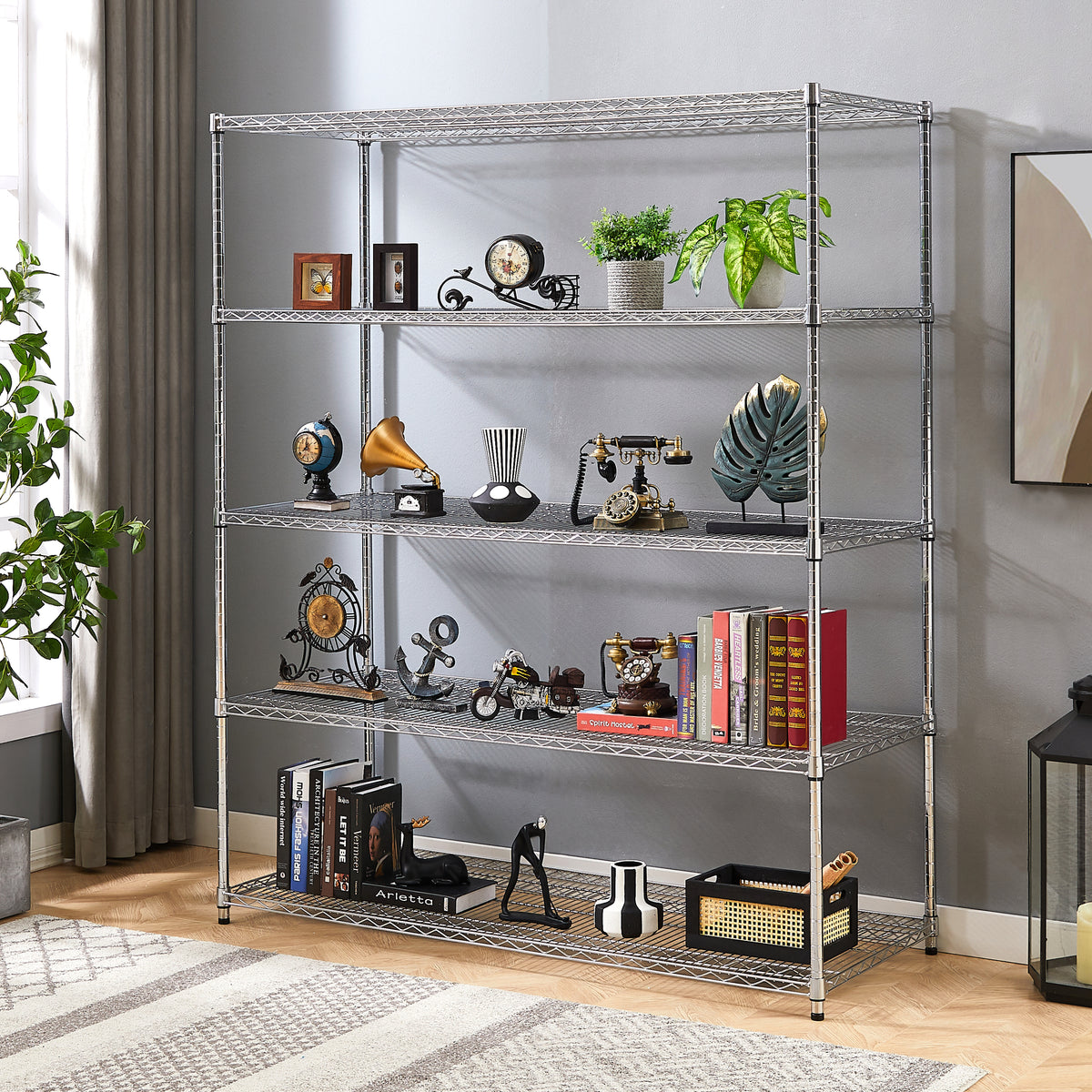 HAOYYE 5-Layer Heavy Duty Adjustable Shelving Unit with Wheels and Adjustable Feet, Sturdy Metal Storage Rack for Warehouse, Supermarket, Kitchen and Commercial Use, Each Shelf Supports 300 Lbs, Space-Saving Industrial Design, Easy Assembly