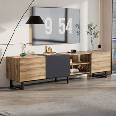 HAOYYE Modern TV Stand with 3 Cabinets and Open Shelves, Color-Matched Media Console Table for TVs up to 80 Inches, Entertainment Center with Drop Down Door for Living Room, Bedroom, and Home Theatre, Sturdy, Space-Saving Heavy Duty Design