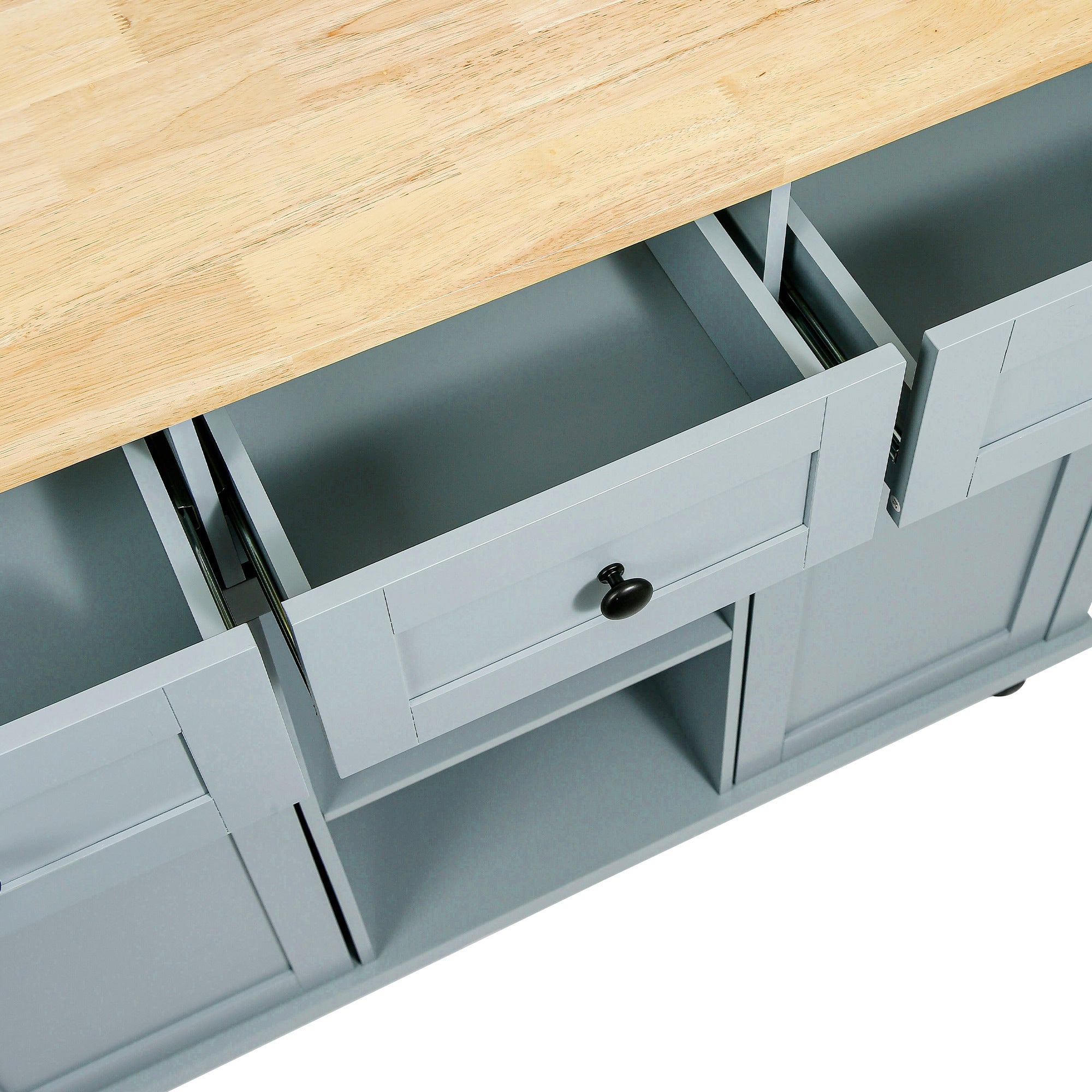 HAOYYE Kitchen Cart with Rubberwood Drop-Leaf Countertop, Cabinet Door Internal Storage Racks, Kitchen Island on 5 Wheels with Storage Cabinet and 3 Drawers for Dining Room, Grey Blue, Sturdy Space-Saving Design, Durable Home Furniture