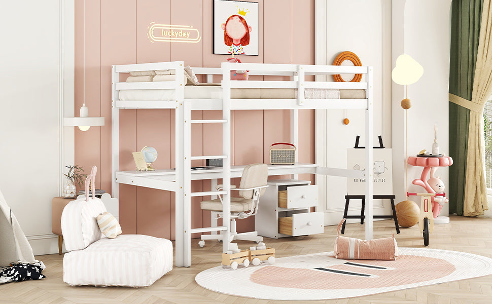 HAOYYE Twin Loft Wood Bed with Under-Bed Built-In Desk and Two-Drawer Storage Cabinet, Guardrails, and Ladder, White Sturdy Space-Saving Design, Heavy Duty Construction, Easy Assembly, Durable Stylish Home Furniture