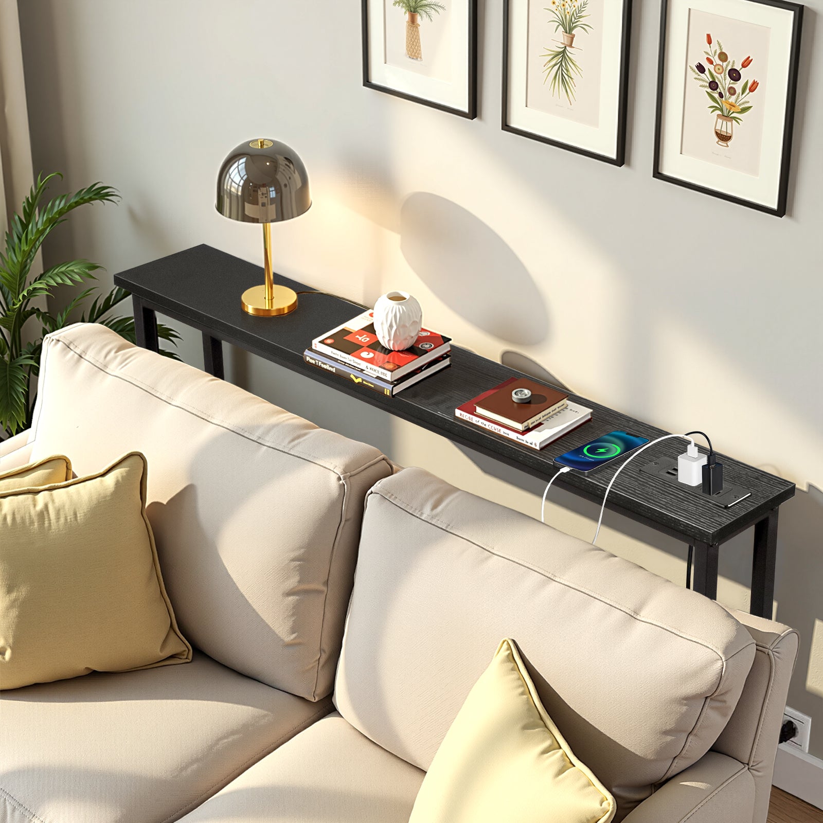 HAOYYE Black Narrow Console Sofa Table with Built-In Power Outlets and USB Ports, Slim Couch Table with Sturdy Metal Frame and Charging Station, Space-Saving Design for Apartments Dorms and Living Rooms