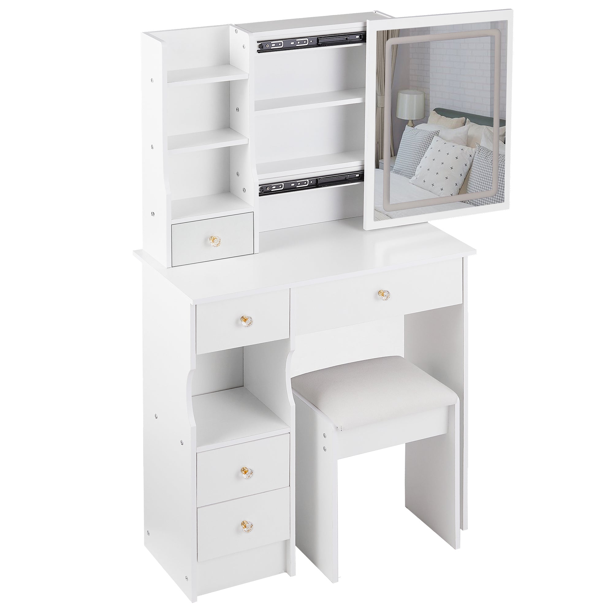 HAOYYE Small Left Drawer Desktop Vanity Table with Cushioned Stool, Touch Control Sliding LED Mirror, Tri-Color Lighting, Brightness Adjustment, Multi-Layer Storage, Ideal for Small Spaces