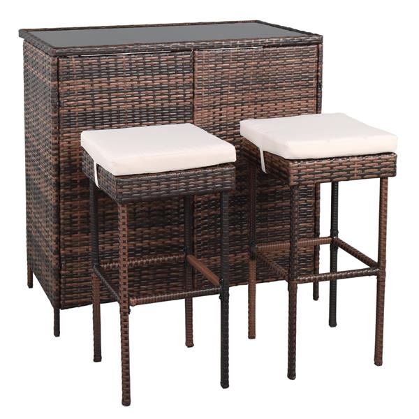 HAOYYE Bar Table and Stool Set Brown Gradient 3 Piece Rattan Pub Bistro Set with 2 Bar Stools and 1 Bar Table Removable Wicker Patio Furniture with Iron Frame for Balcony Garden Porch Lounge