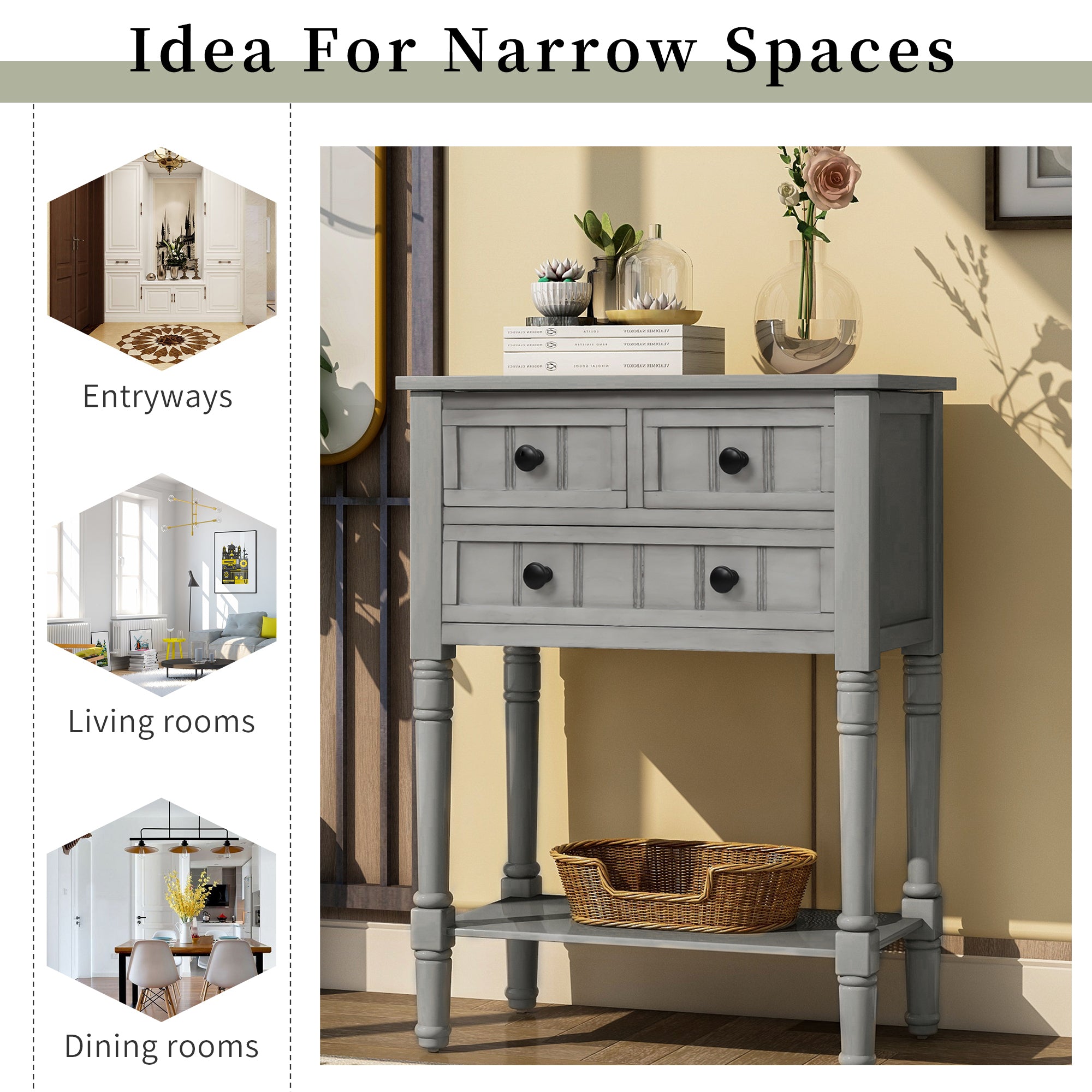 HAOYYE Slim Console Table With Three Drawers And Bottom Shelf, Narrow Sofa Table For Living Room, Modern Space-Saving Design, Heavy Duty Construction, Easy Assembly (Gray Wash)
