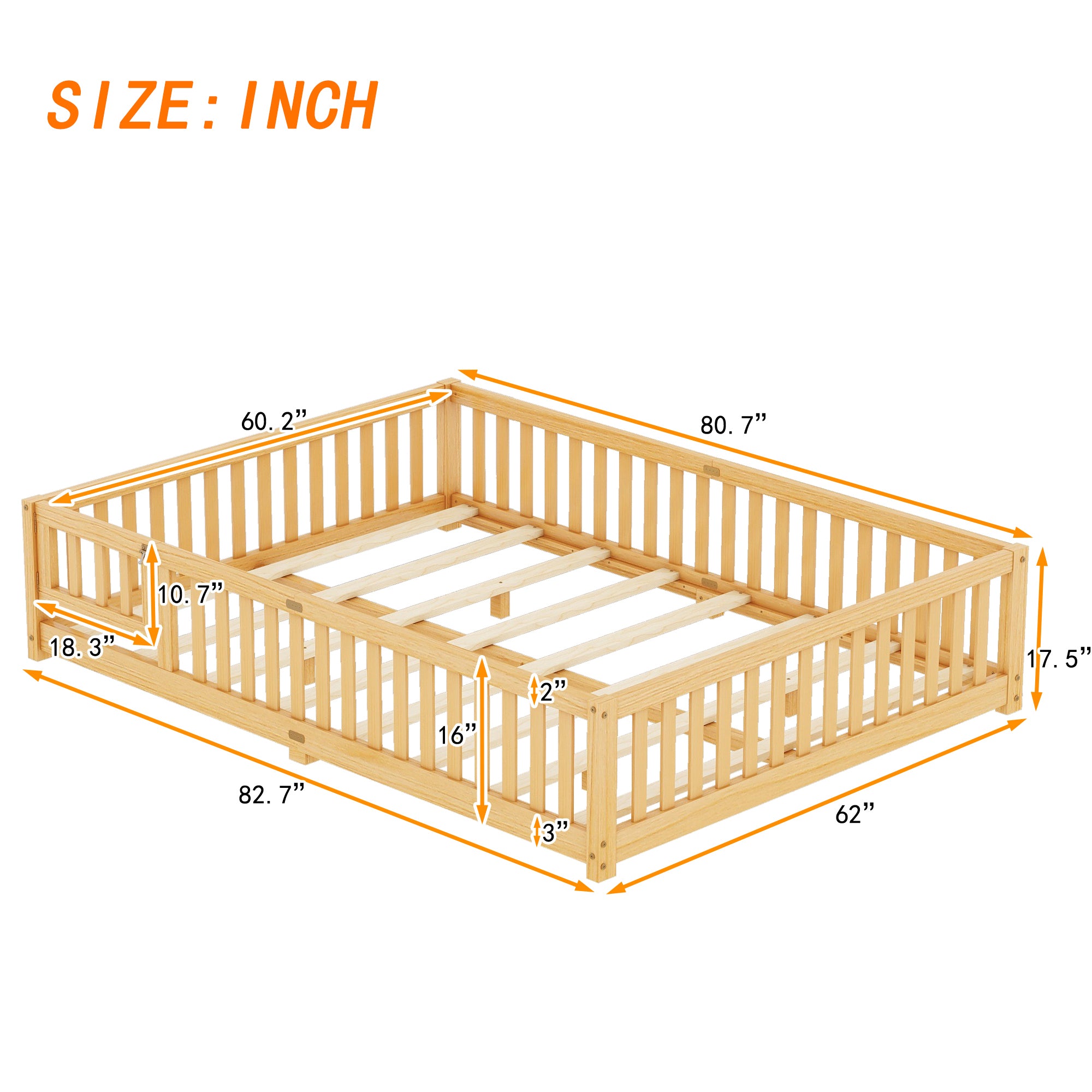 HAOYYE Queen Size Bed Floor Bed with Safety Guardrails and Door for , Natural(Expect Arrival Date 2024.7.26), Old SKU W158090701 Sturdy Space-Saving Heavy Duty Modern Design Adults Dorm Room