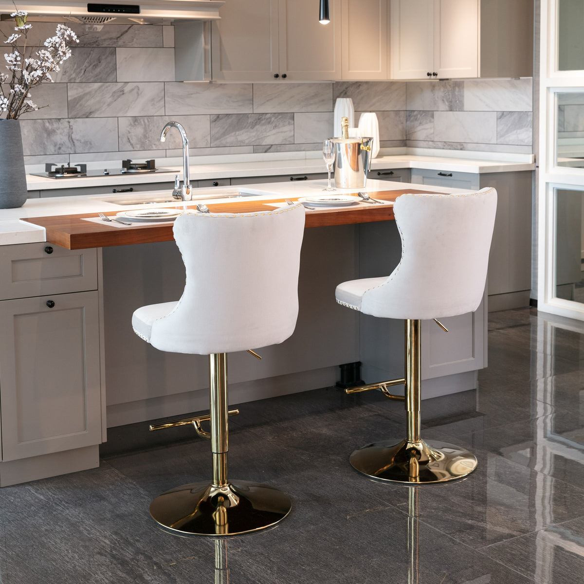 HAOYYE Golden Swivel Velvet Barstools Adjusatble Seat Height from 25-33 Inch,Modern Upholstered Bar Stools with Backs Comfortable Tufted for Home Pub and Kitchen Island,Beige,Set of 2 Sturdy