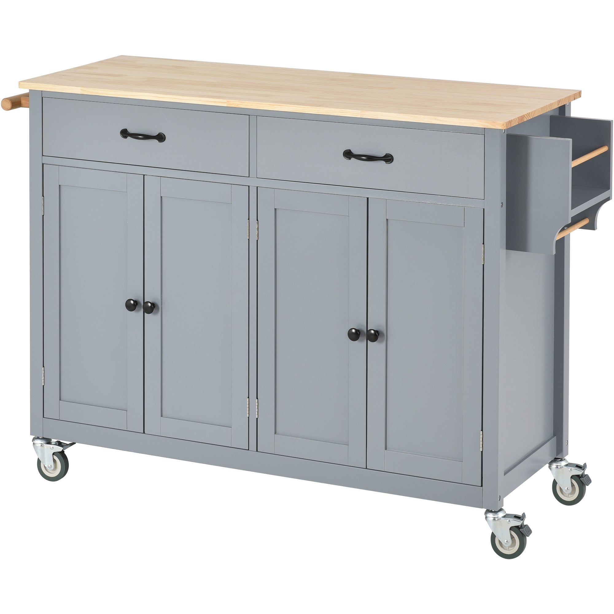 HAOYYE Kitchen Island Cart with Solid Wood Top and Locking Wheels, 4-Door Cabinet and 2 Drawers, Spice Rack, Towel Rack, Grey Blue, Sturdy Space-Saving Design, Heavy Duty Construction, Easy Assembly, Stylish and Durable Home Furniture