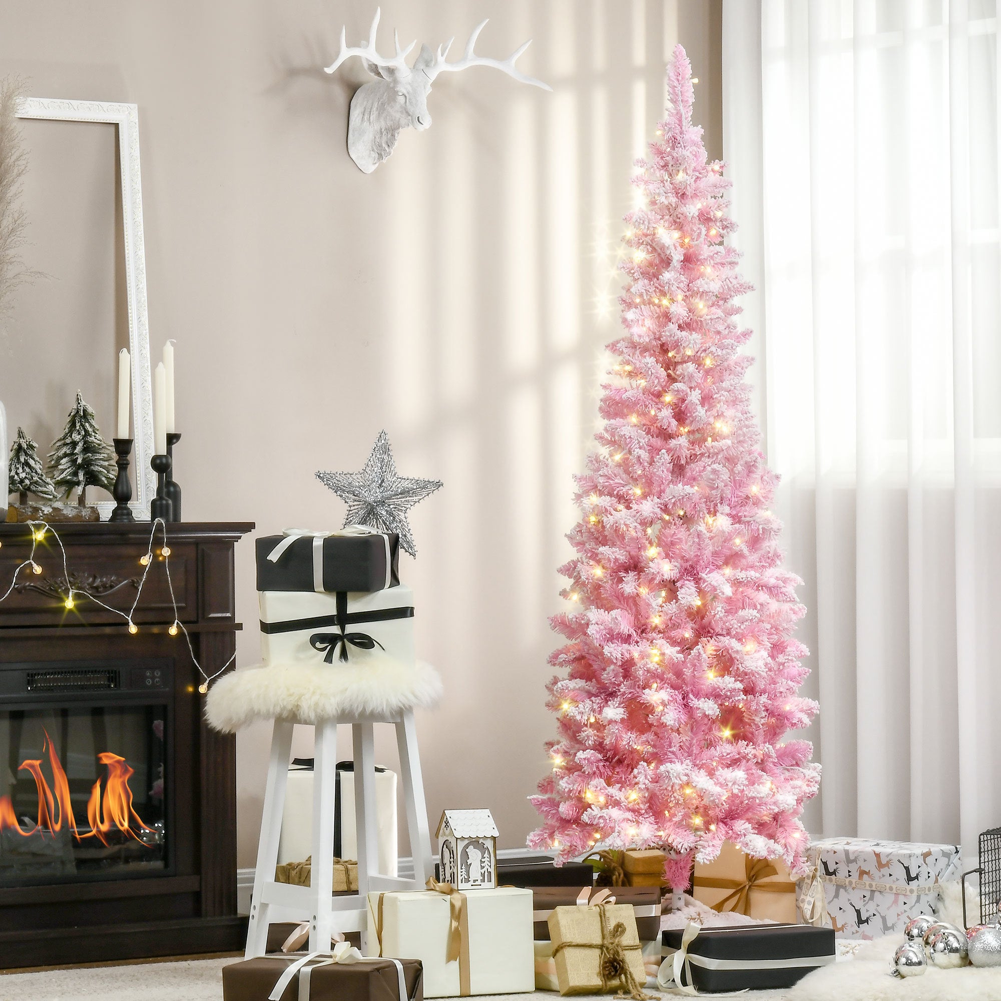 HAOYYE 6ft Prelit Snow Flocked Artificial Christmas Tree with Pencil Shape, Pine Realistic Branches, Warm White LED lights, Auto Open, Pink and White Sturdy Space-Saving Heavy Duty Modern Design