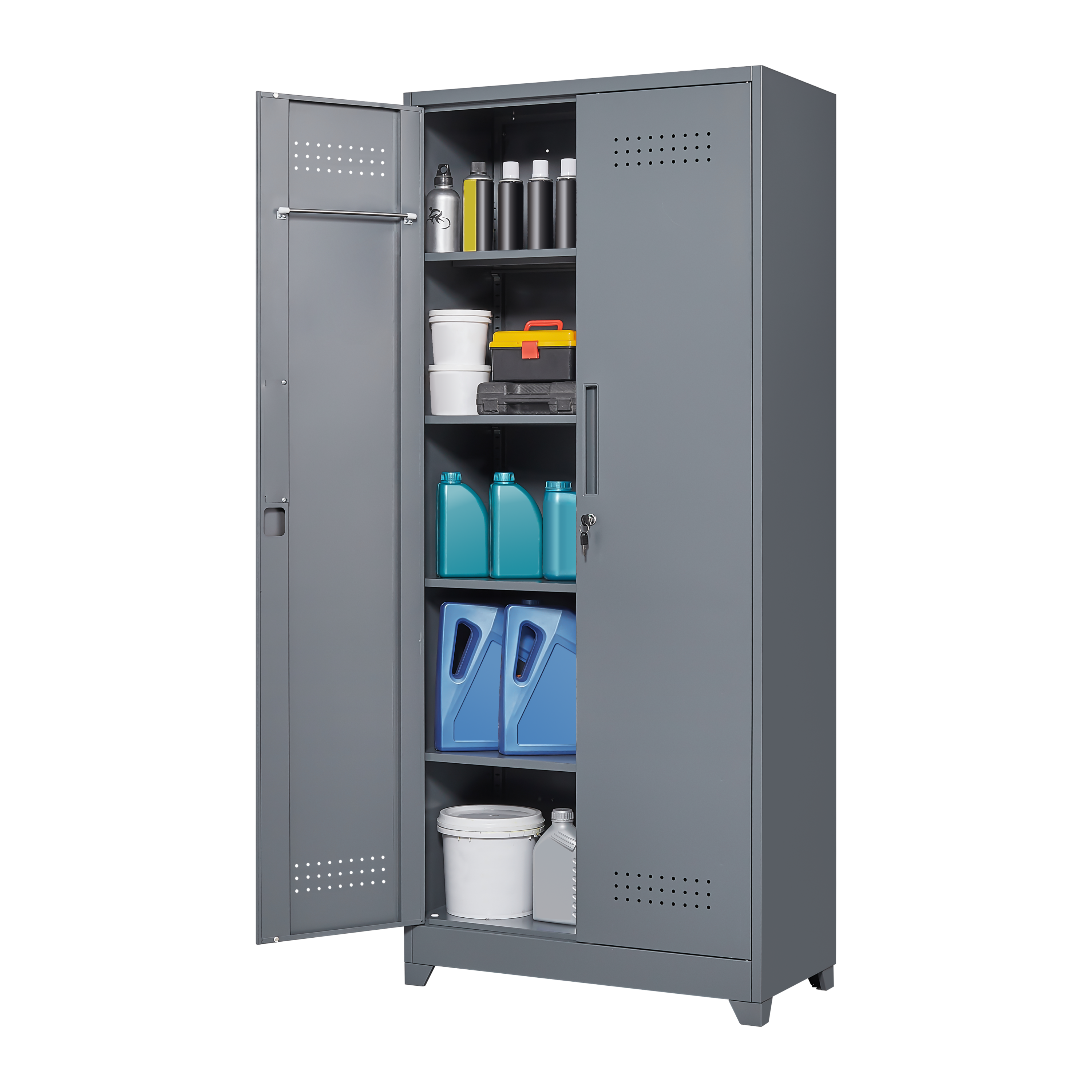 HAOYYE Metal Storage Cabinets, Cleaning Tool Cabinet with Locking Door, Tall Broom Tool Organizer and Storage, Large Storage Cabinet for Kitchen, Pantry, Office, Shop Sturdy Space-Saving Heavy Duty Durable