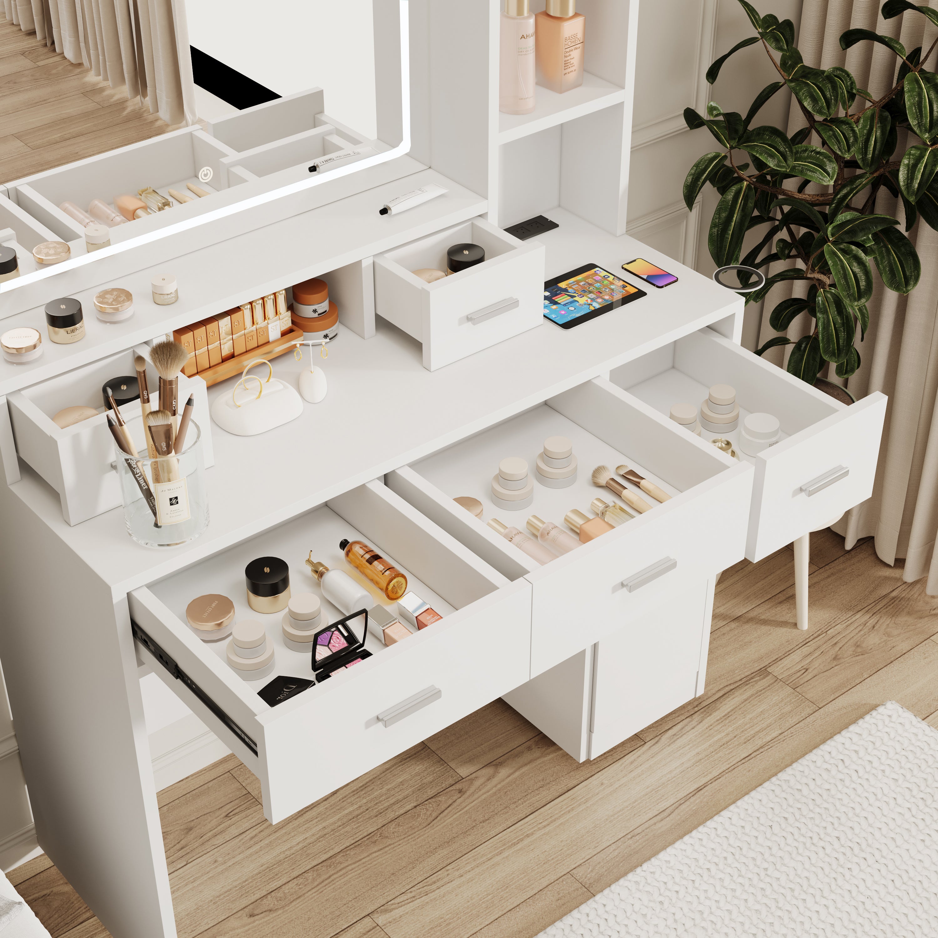 HAOYYE Smart Mirror Dressing Table with Drawers and Storage Cabinet, Modern Design Dressing Table with Soft Dressing Pad for Bedroom and Dressing Room, Sturdy Space-Saving Heavy Duty Construction, Ideal for Adults