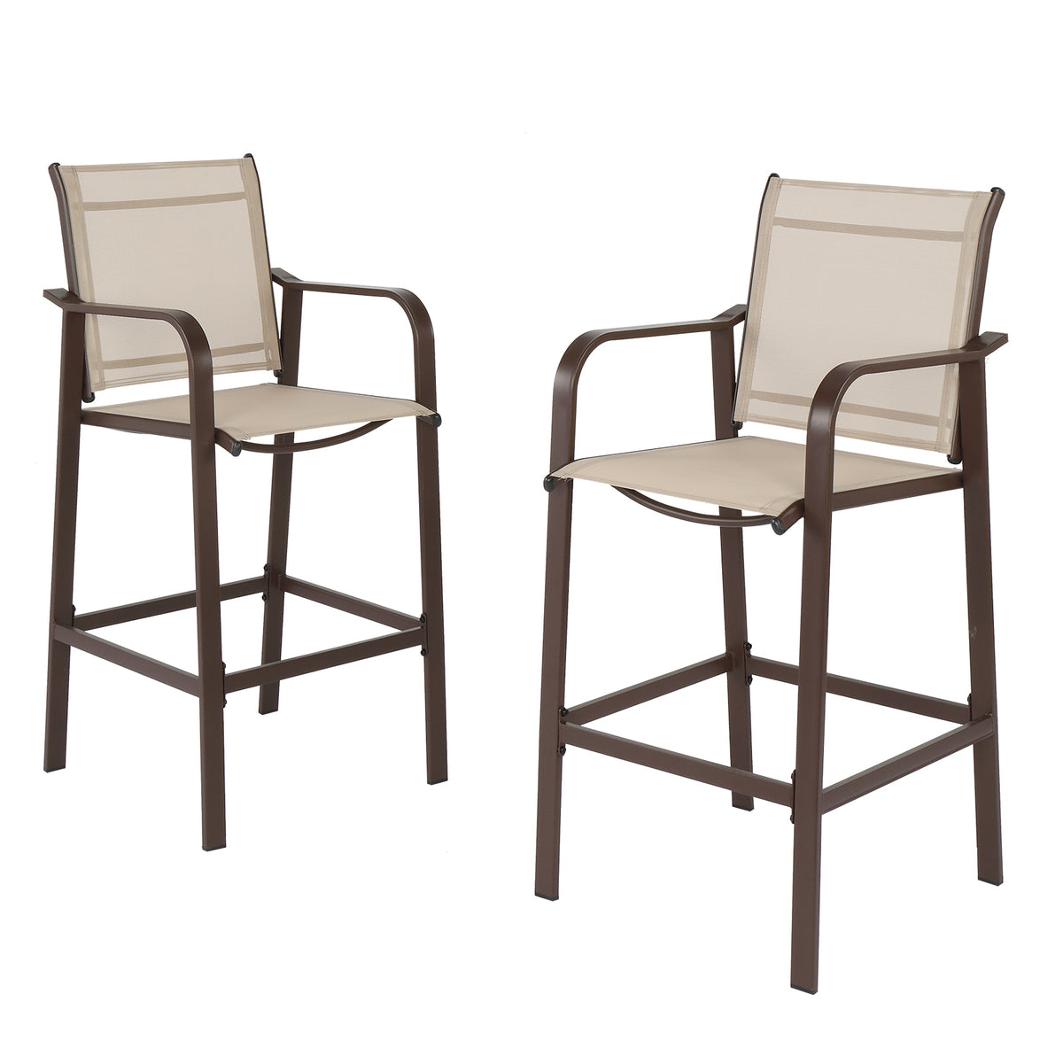 HAOYYE 2pcs Wrought Iron Garden Bar Chairs with Brown Frame and Beige Cloth Surface, Durable and Comfortable Outdoor Bar Seating, Perfect for Patio, Deck, or Backyard, Stylish and Stable Design for Relaxation